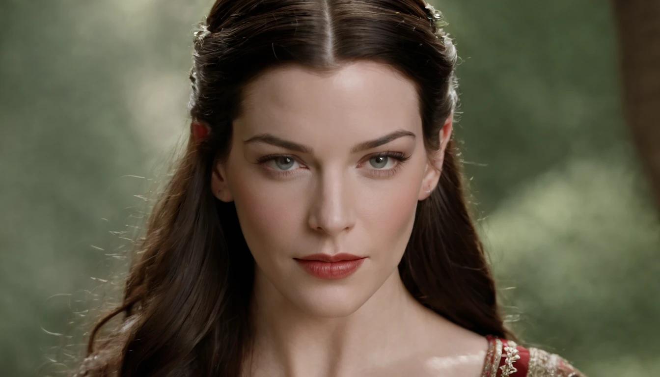 Liv Tyler como Arwen, hair a mess, hot, (suado), deitado, (almofadas de seda), pulseiras de couro vermelho, em Rivendell, frontal completo, revelar seios, sexy, showing, vissível