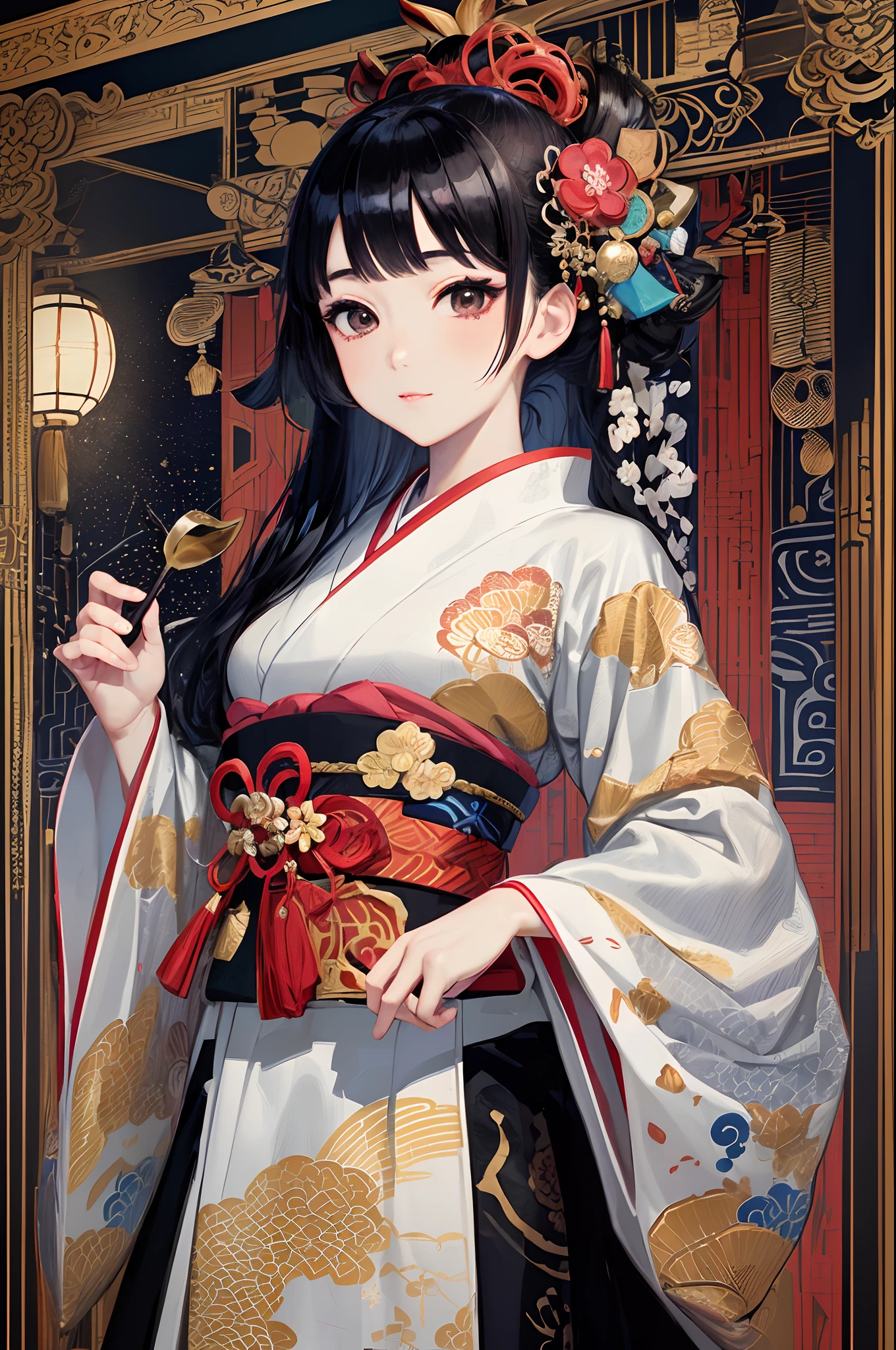 (masuter piece、top-quality、ukiyoe style、Mystical、Beautifully Aesthetic、offcial art、Sharaku:1.2)、(1 girl in:1.3)、(Fractal art:1.3)、cowboy  shot、white and clean skin、(Beautiful black hair、Kimono:1.2)、Traditional performing arts of Japan in the background、highly colorful、(scrollwork、A Japanese style:1.2)、