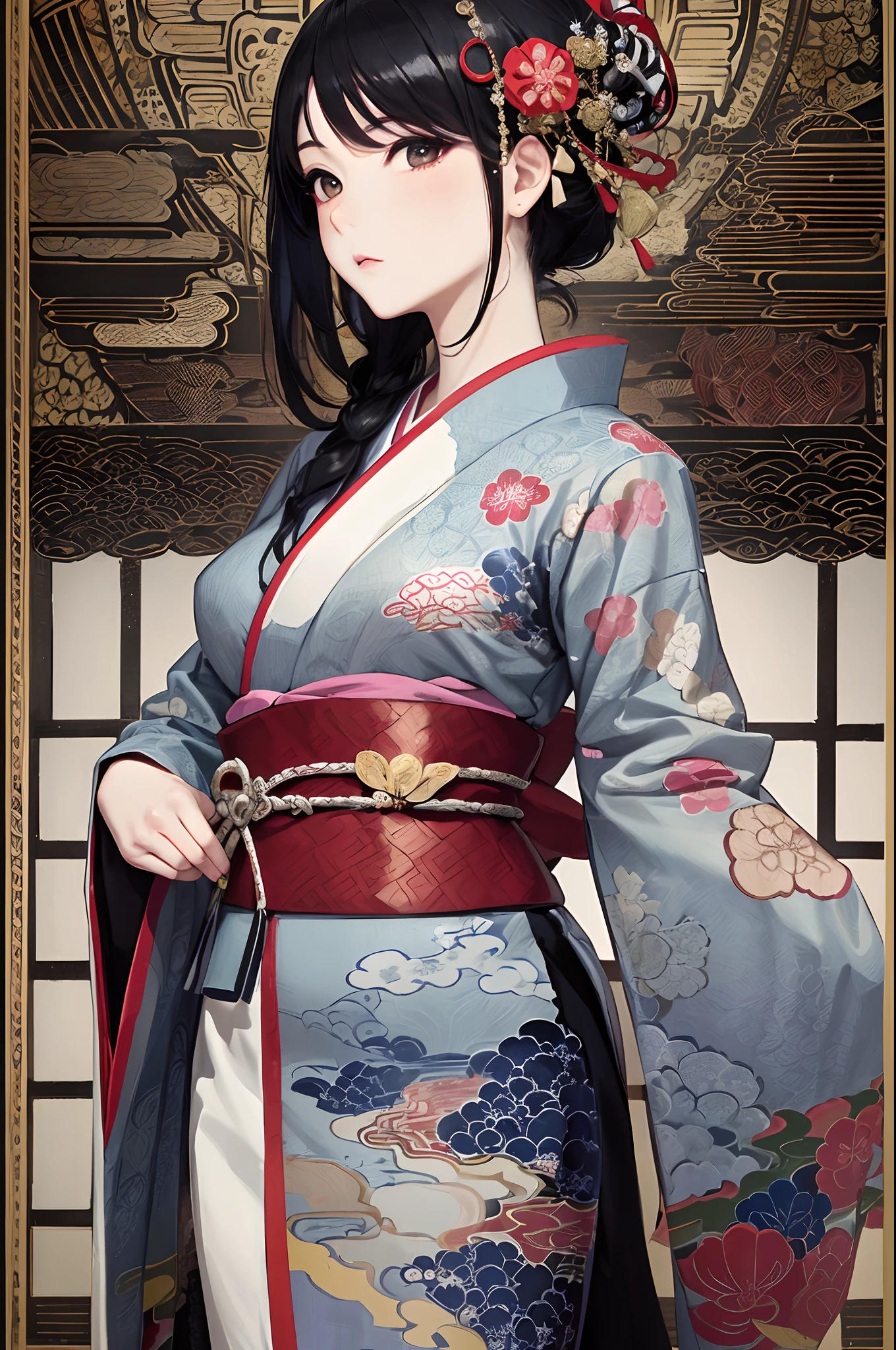 (masuter piece、top-quality、ukiyoe style、Mystical、Beautifully Aesthetic、offcial art、Sharaku:1.2)、(1 girl in:1.3)、(Fractal art:1.3)、cowboy shot、white and clean skin、(Beautiful black hair、Kimono:1.2)、Traditional performing arts of Japan in the background、highly colorful、(scrollwork、A Japanese style:1.2)、