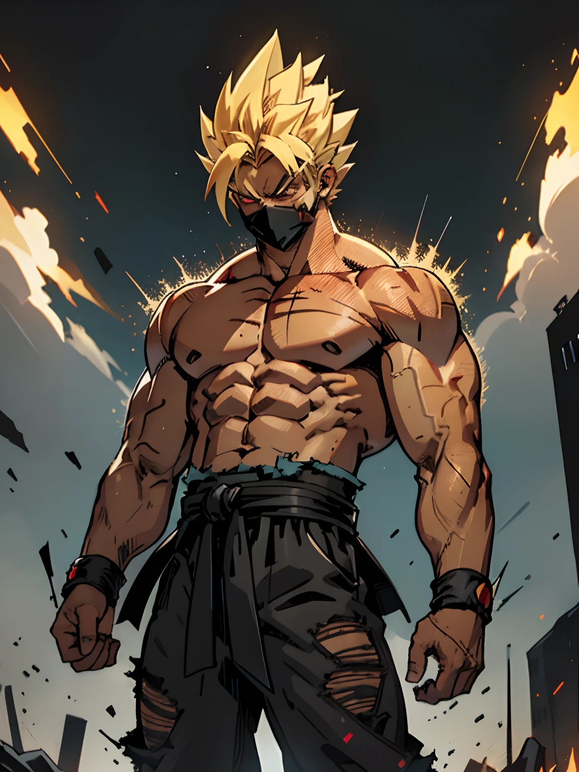 A new character , man , 1boy, angry, battle damage, pushed back haircut , have a black ClothMask , furious, red eyes, male focus, muscular, muscular male, pectorals, sash, solo, spiked hair, super saiyan aura ,  topless male, torn black clothes, wristband, ((masterpiece))