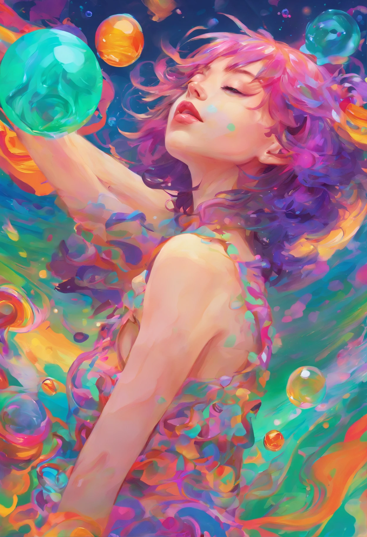 ((top-quality, 8K)), (Realistic), (Face Focus: 1.1), (Blue, Green and purple colors: 1.2), Kawaii Girl, short-hair,
Hair fluttering in the wind, Facing to the side, Look up at your face, Eyes closed, (Sleeveless: 1.1)、Skirt, D Cup Breasts, Countless soap bubbles,