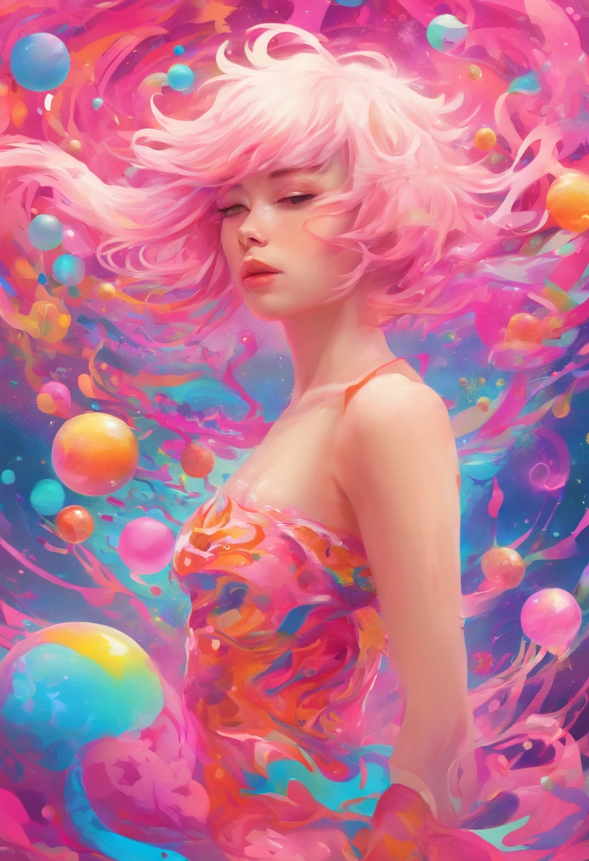 ((top-quality, 8K)), (Realistic), (Face Focus: 1.1), (White and pink: 1.3), Kawaii Girl, short-hair, Body from the waist up, Hair fluttering in the wind, Facing to the side, Look up at your face, Eyes closed, (Sleeveless: 1.1), Skirt, D Cup Breasts, Countless soap bubbles,