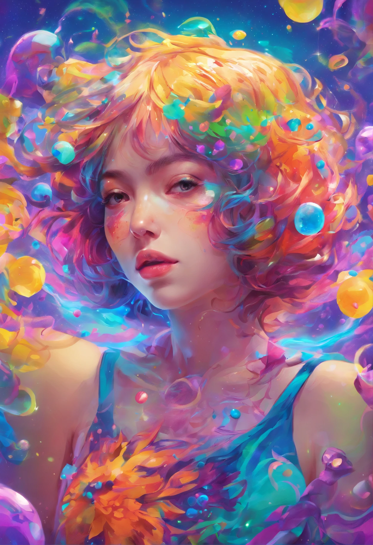 ((top-quality, 8K)), (Realistic), (Face Focus: 1.1), (Blue, Green and purple colors: 1.2), Kawaii Girl, short-hair, 
Hair fluttering in the wind, Facing to the side, Look up at your face, Eyes closed, (Sleeveless: 1.1)、Skirt, D Cup Breasts, Countless soap bubbles,