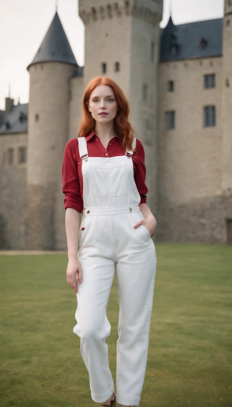 Full body portrait of redhead girl with symmetrical pretty face, wearing white overalls and a red blouse, in a castle, dramatic lighting, hyperrealistic, ultra detailed, 8K, 3D, very colorful, voxel art, complementary colors,