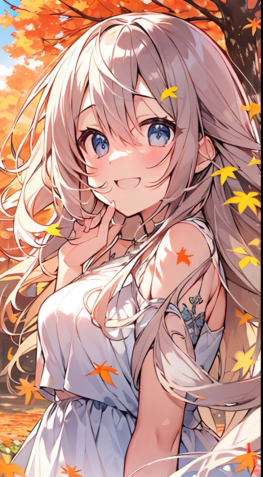 masutepiece, Best Quality,Illustration, Wallpaper, ultra -detail, Absurd beauty, 1beautiful girl、Bright hair color、Glitter and big eyes、Hair fluttering in the wind、ample breasts、♡、Smaller head、Autumn landscape、miscievous smile