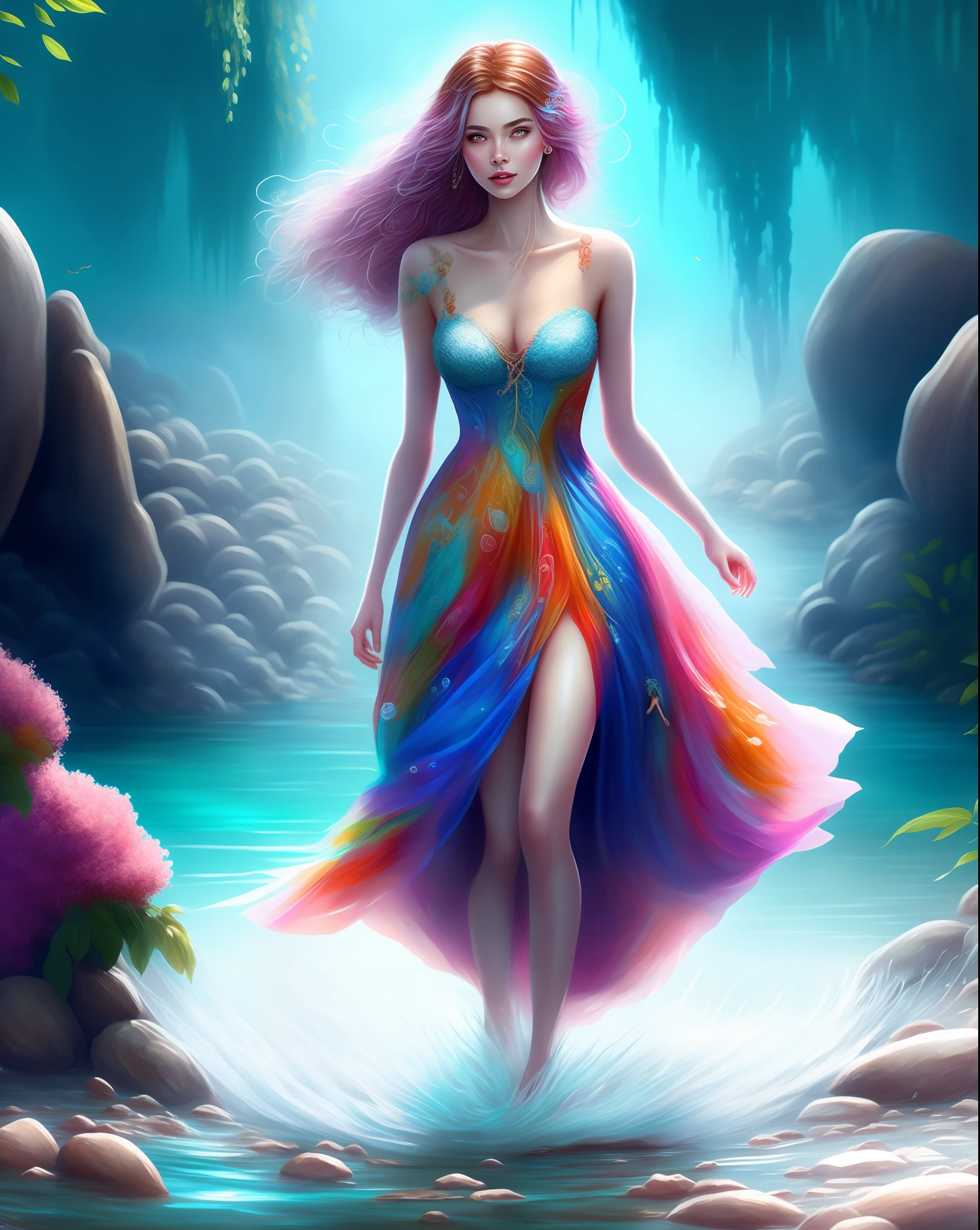 a woman in a colorful dress is walking through the water, flowing dress, beautiful art uhd 4 k, beautiful digital artwork, colorful dress, intricate flowing paint, colorfull digital fantasy art, gorgeous digital art, digital art 4 k, digital art 4k, digital artwork 4 k, blue swirling dress, 3d digital art 4k, detailed painting 4 k