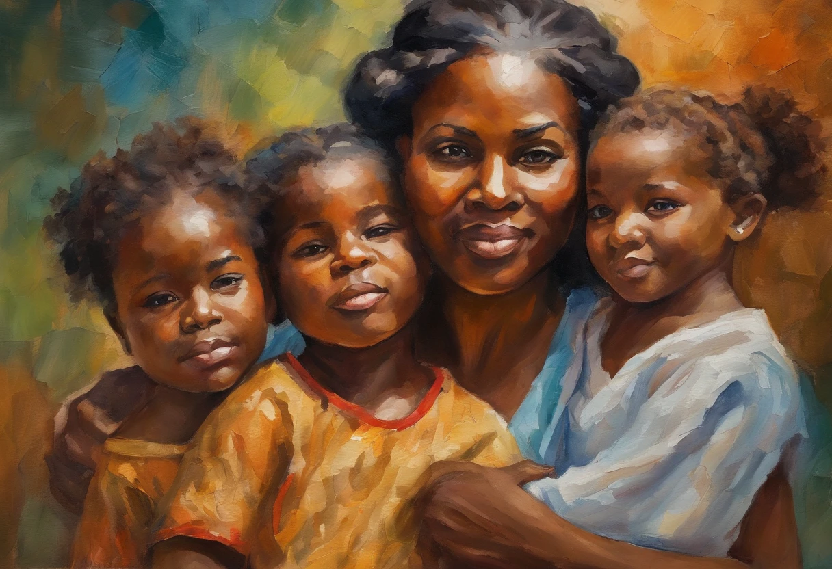 A closeup of mother holding two children in her arms, African, Negroid, African hair, Van Gogh Style, (Heavy Brushstrokes:1.2), Vibrant Colors, (Coarse Impasto:1.3), (Angled Composition:1.1), Dramatic Shadows, ( dramatic lighting:1.2), peaceful atmosphere, serene, (expressive brushstrokes:1.1), (stylized details:1.2), tranquil setting, (dreamy quality:1.3), impressionist, post-impressionist. Beatiful african american girl