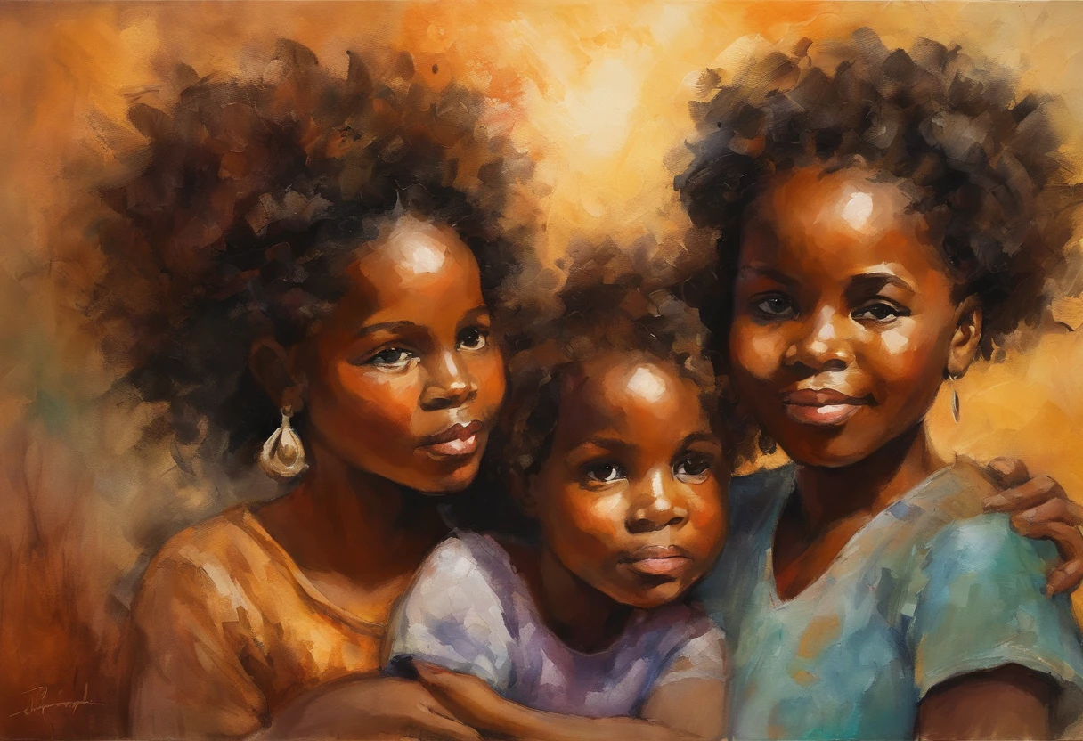 A closeup of mother holding two children in her arms, African, Negroid, African hair, Van Gogh Style, (Heavy Brushstrokes:1.2), Vibrant Colors, (Coarse Impasto:1.3), (Angled Composition:1.1), Dramatic Shadows, ( dramatic lighting:1.2), peaceful atmosphere, serene, (expressive brushstrokes:1.1), (stylized details:1.2), tranquil setting, (dreamy quality:1.3), impressionist, post-impressionist. Beatiful african american girl