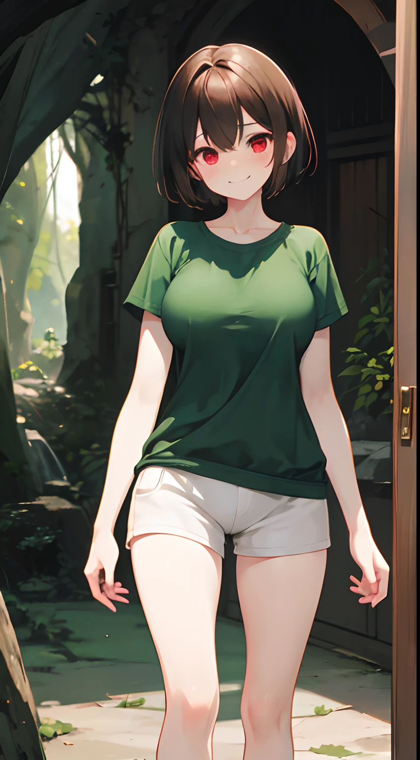 Under the legend，Chara，femele，sexy for，green-shirt，brown shorts，black lence stockings，Grinning，Blushlush，stand posture，with short brown hair，Standing painting，Bloody red eyes，in cave，bareness，anime big breast，quadratic element，k hd