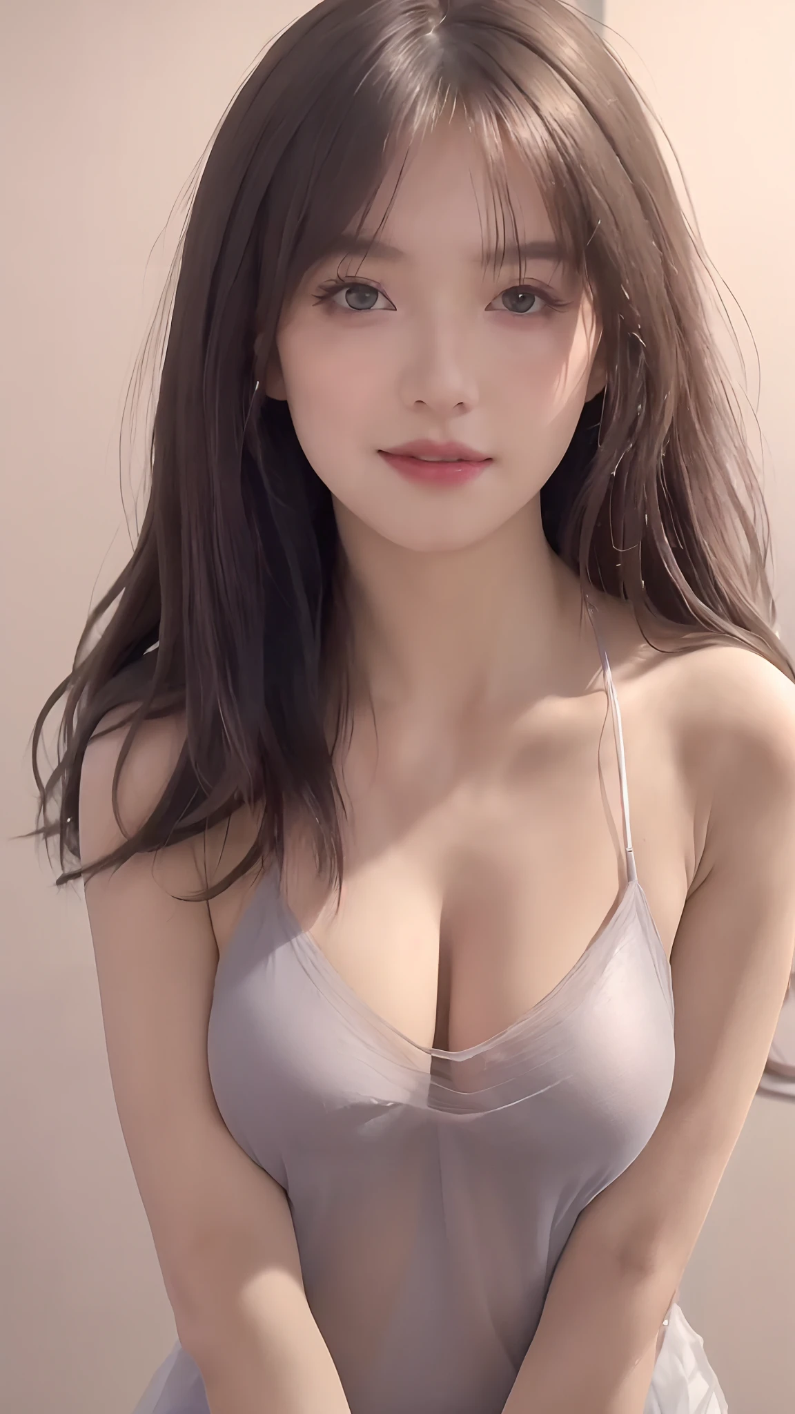 photo of a 18 y.o girl, beautiful vintage color, instagram (photorealistic, high resolution:1.4), ((puffy eyes)), looking at viewer, , full body (8k, RAW photo, best quality, masterpiece:1.2), (realistic, photo-realistic:1.37), (sharp focus:1.2), professional lighting, photon mapping, radiosity, physically-based rendering, (pale skin:1.2), (big breasts:1.2), looking at viewer, (middle hair:1.5), portrait, purple eyes, (sliver hair:1.1), bangs, (simple background:1.4), solo, upper body, realistic, (masterpiece:1.4), (best quality:1.4), (shiny skin), fashion girl, makeup, smile(skinny, closed mouth,shy:1.3), (sheer slip cami:1.5513), (standing:1.1), medium bust, sexy pose, (NSFW:1.2),