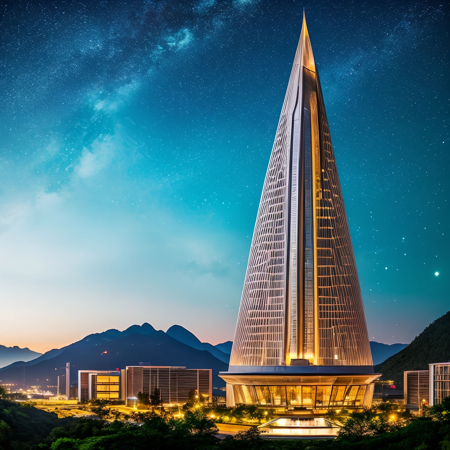 from above, very wide shot, finest image, detailed and delicate depiction, A huge building with a very tall conical shape, covered in glass with an iridescent chrome-plated skeleton, and the top of its head is round and red. The sound of a river flowing from the mountains, the blue-green sea, high rock walls, and suspension bridges. Landmark, huge commercial facility. background, neon lights, a sky full of stars shining in the night sky, moon, professional lighting