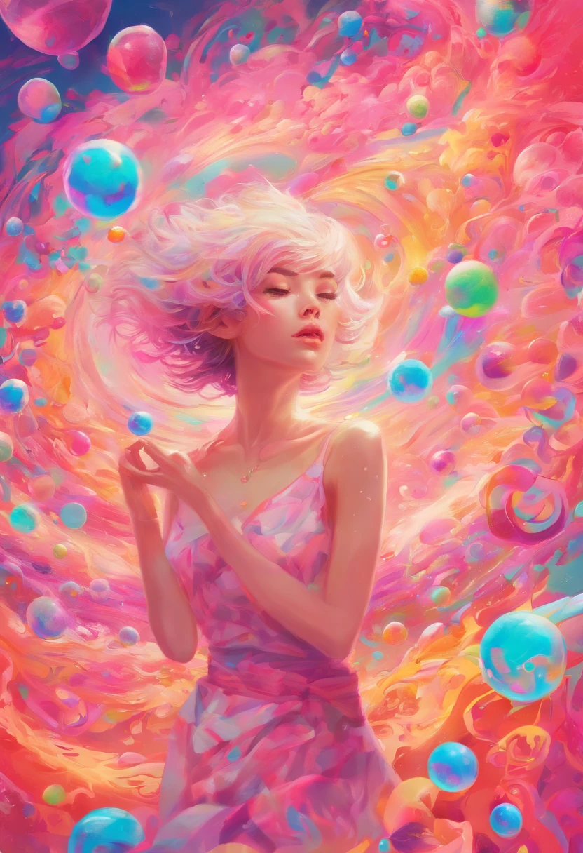 ((top-quality, 8K)), (Realistic), (Face Focus: 1.1), (White and pink: 1.3), Kawaii Girl, short-hair, Body from the waist up, Hair fluttering in the wind, Facing to the side, Look up at your face, Eyes closed, (Sleeveless: 1.1), Skirt, D Cup Breasts, Countless soap bubbles,