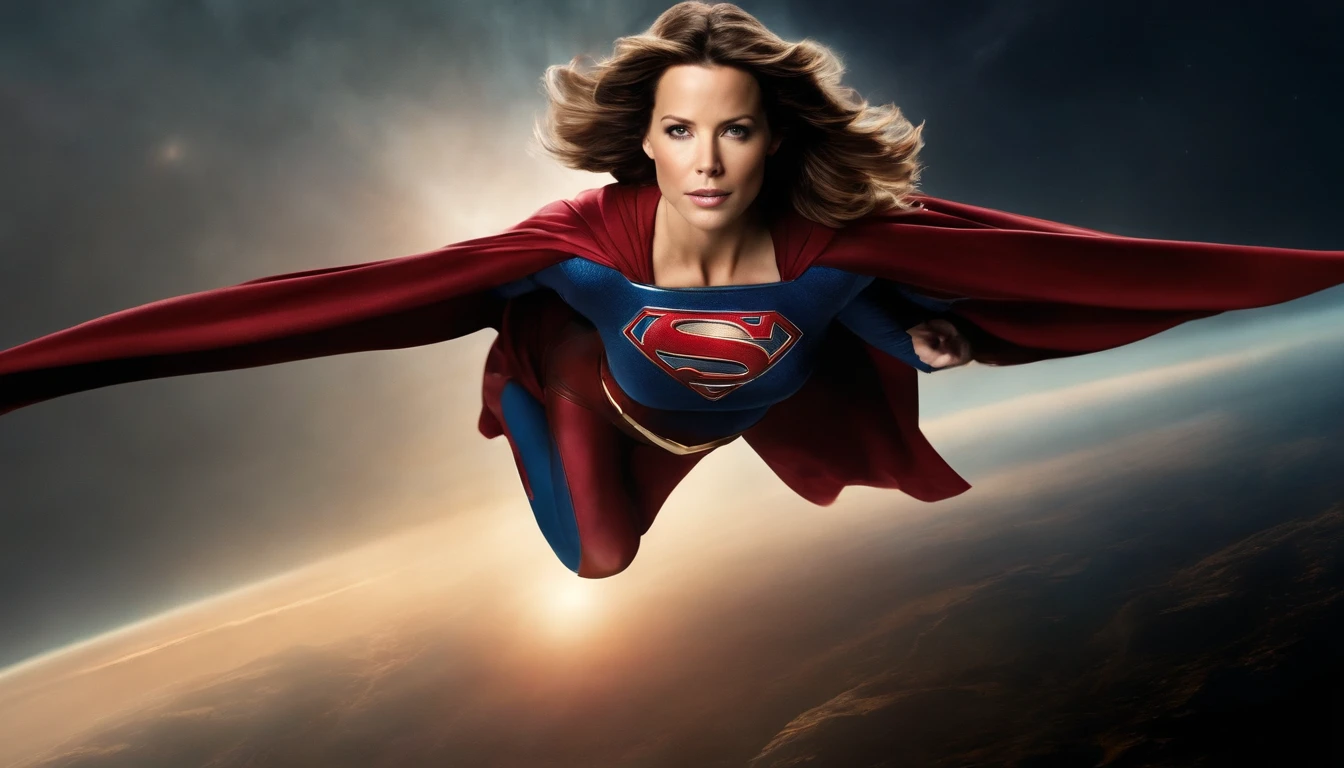 Kate Beckinsale as Supergirl flying in space(1girl), exibindo sua pose de corpo inteiro, com detalhes foto-realistas surpreendentes.