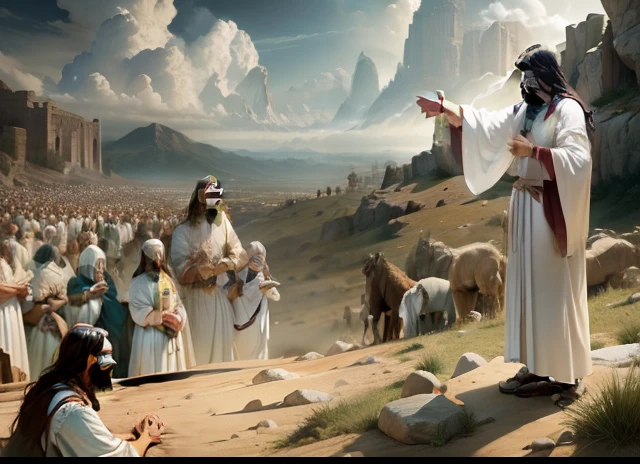 Jesus in the midst of the disciples, bible illustration, epic biblical representation, imagem super realista, cinematic lighthing, beautiful depiction, Realistic, 4k, HDR