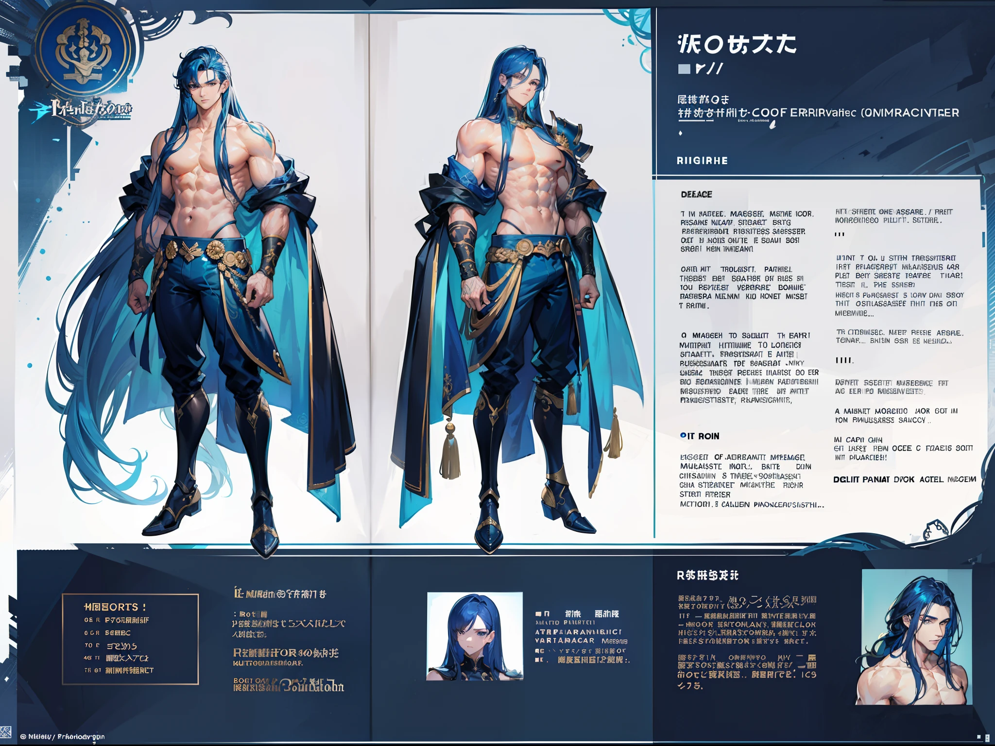 ((Masterpiece, Highest quality)), Detailed face, character design sheet, full bodyesbian, Full of details, frontal body view, back body view, Highly detailed, Depth, Many parts, Muscle boy with long blue hair with long bangs,handsome man, muscle body, navy, commander, man tall, pectoral muscles, abs