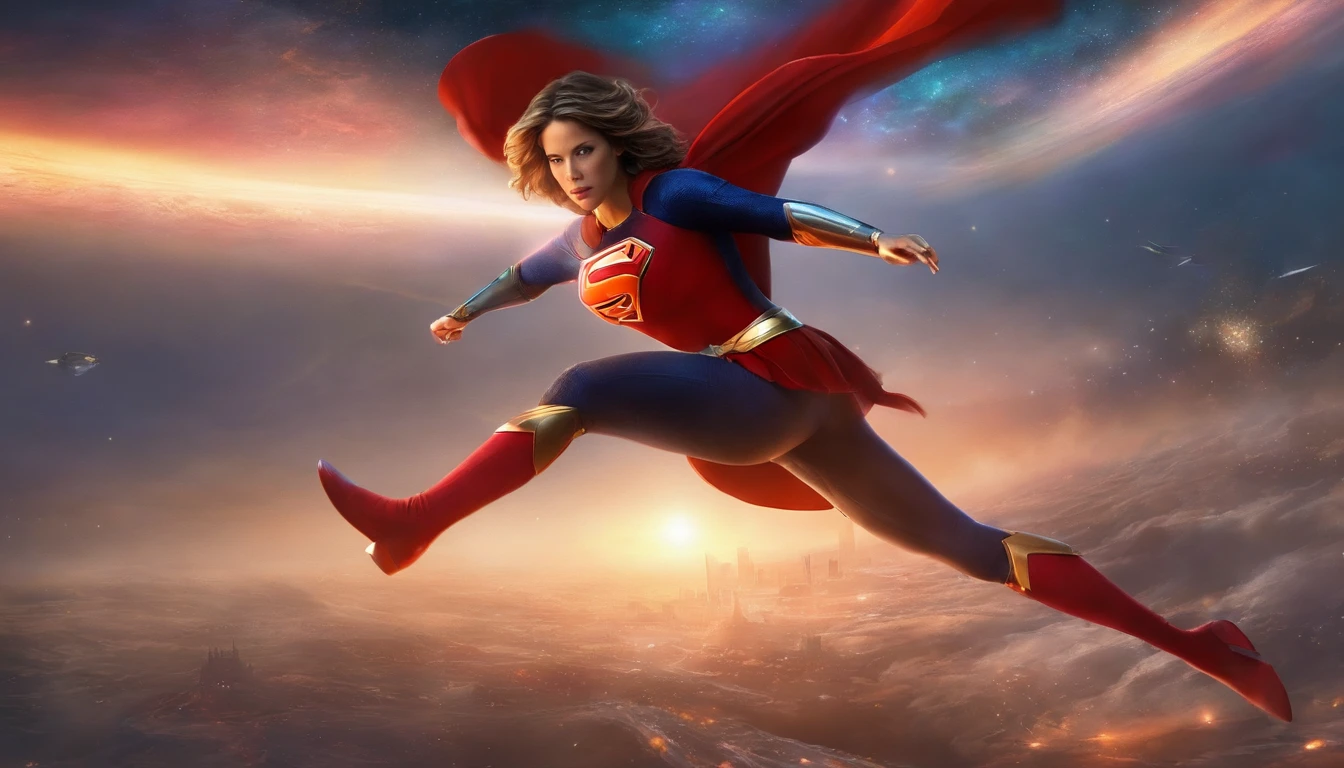 Kate Beckinsale as Supergirl flying in space(1girl), exibindo sua pose de corpo inteiro, com detalhes foto-realistas surpreendentes.