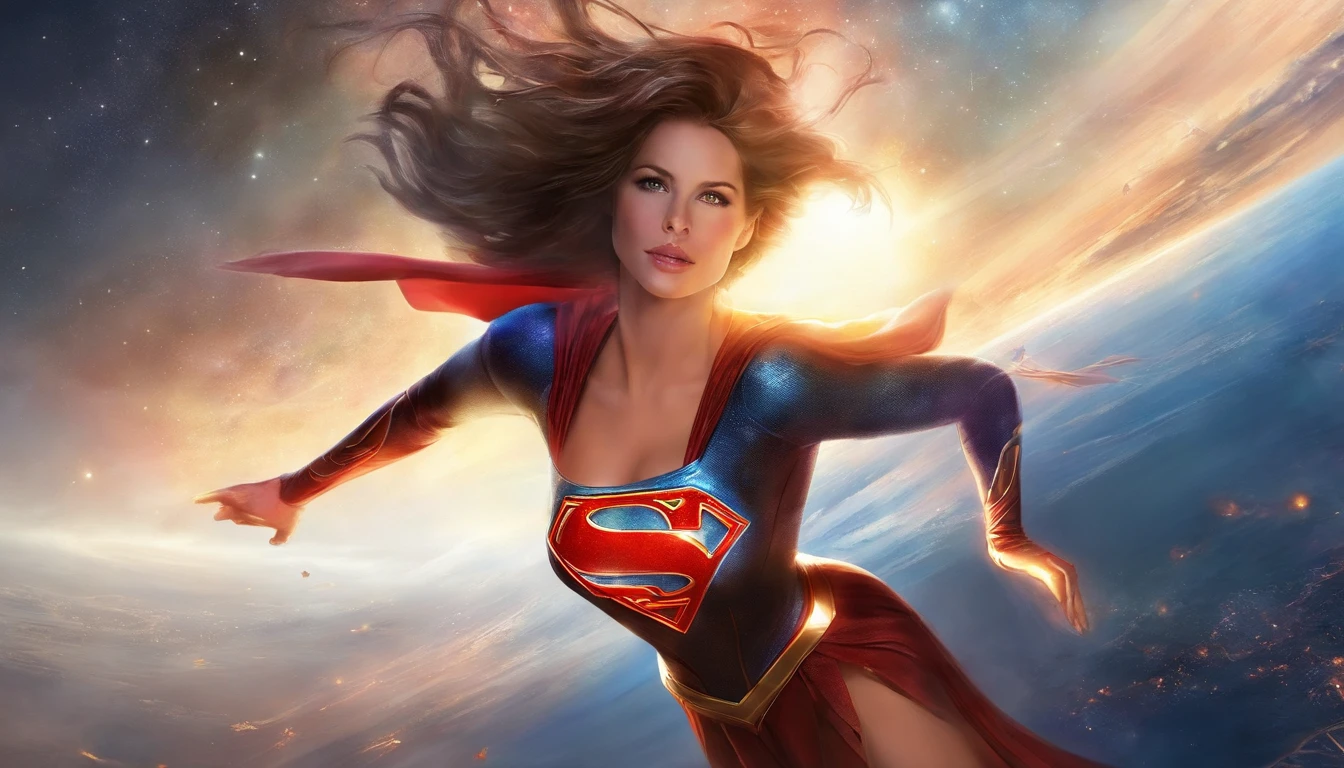 Kate Beckinsale as Supergirl flying in space(1girl), exibindo sua pose de corpo inteiro, com detalhes foto-realistas surpreendentes.