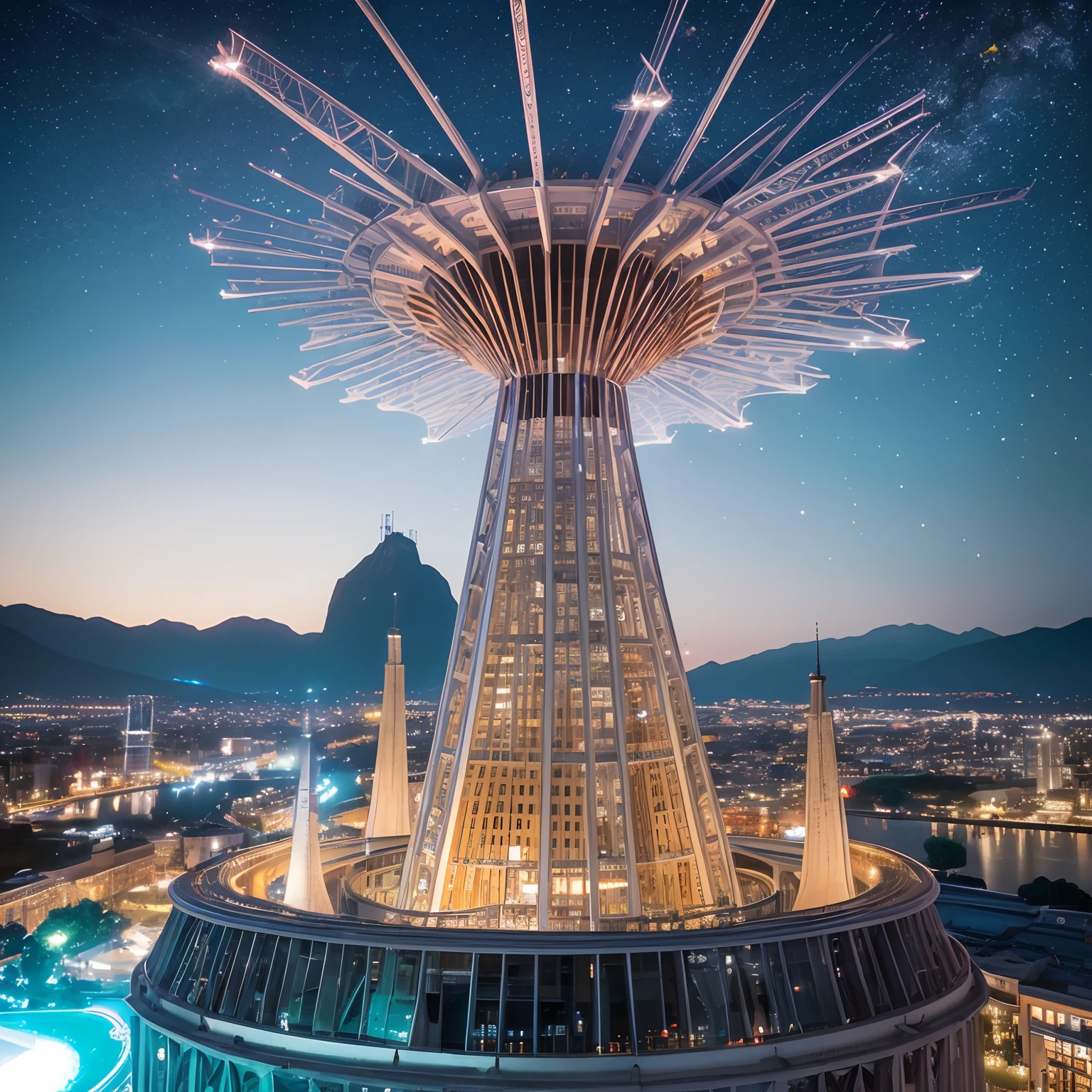 from above, very wide shot, finest image, detailed and delicate depiction, A huge building with a very tall conical shape, covered in glass with an iridescent chrome-plated skeleton, and the top of its head is round and red. The sound of a river flowing from the mountains, the blue-green sea, high rock walls, and suspension bridges. Landmark, huge commercial facility. background, neon lights, a sky full of stars shining in the night sky, moon, professional lighting