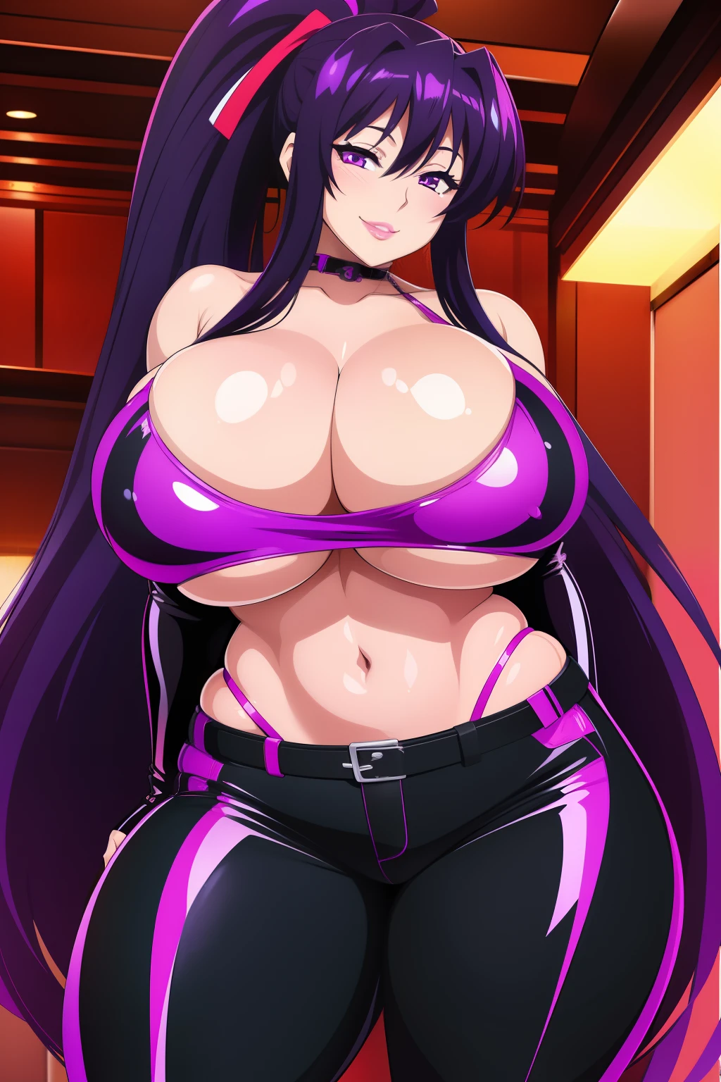 Akeno Himejima, 1girl, (((bimbo))), long purple hair, purple eyes, ear rings, (((bimbo))), puffy lips, painted lips, thick lips, smile face, wide hips, thick thighs, huge natural breasts, black jeans, black latex top, cleavage, underboob