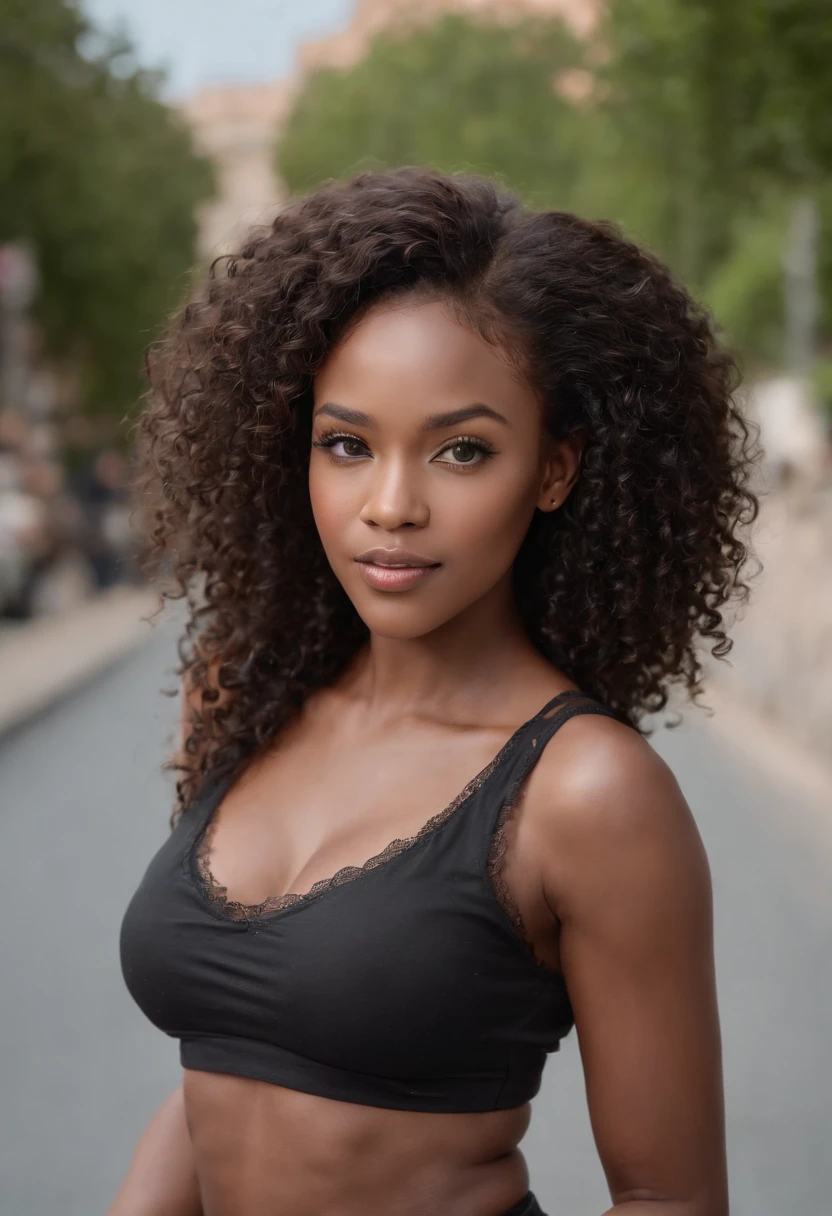 ((African dark skin, very deep ebony skin)), ((her beauty is undeniable)), ((excited cute face)), ((hyper detailed perfect eyes,)), ((cute pose)), ((tongue out)), ((seductive )), sexy, (( tight mesh shirt, sexy short shorts)), ((African long curly afro ponytail hair,)), (( skin)), ((standing, front view)), ((touching her own legs in a sexy pose)), ((outdoors, public city)), sharp focus cgi, photorealistic, high detail, realistic, masterpiece, absurdres, best quality, HDR, high quality, high-definition, extremely detailed, 8k wallpaper, intricate details, 8K uhd, Full-HD, (realistic photo:1.2), contrast, harsh lighting, cinematic lighting, natural lighting, hard light, backlighting, global illumination, ambient occlusion