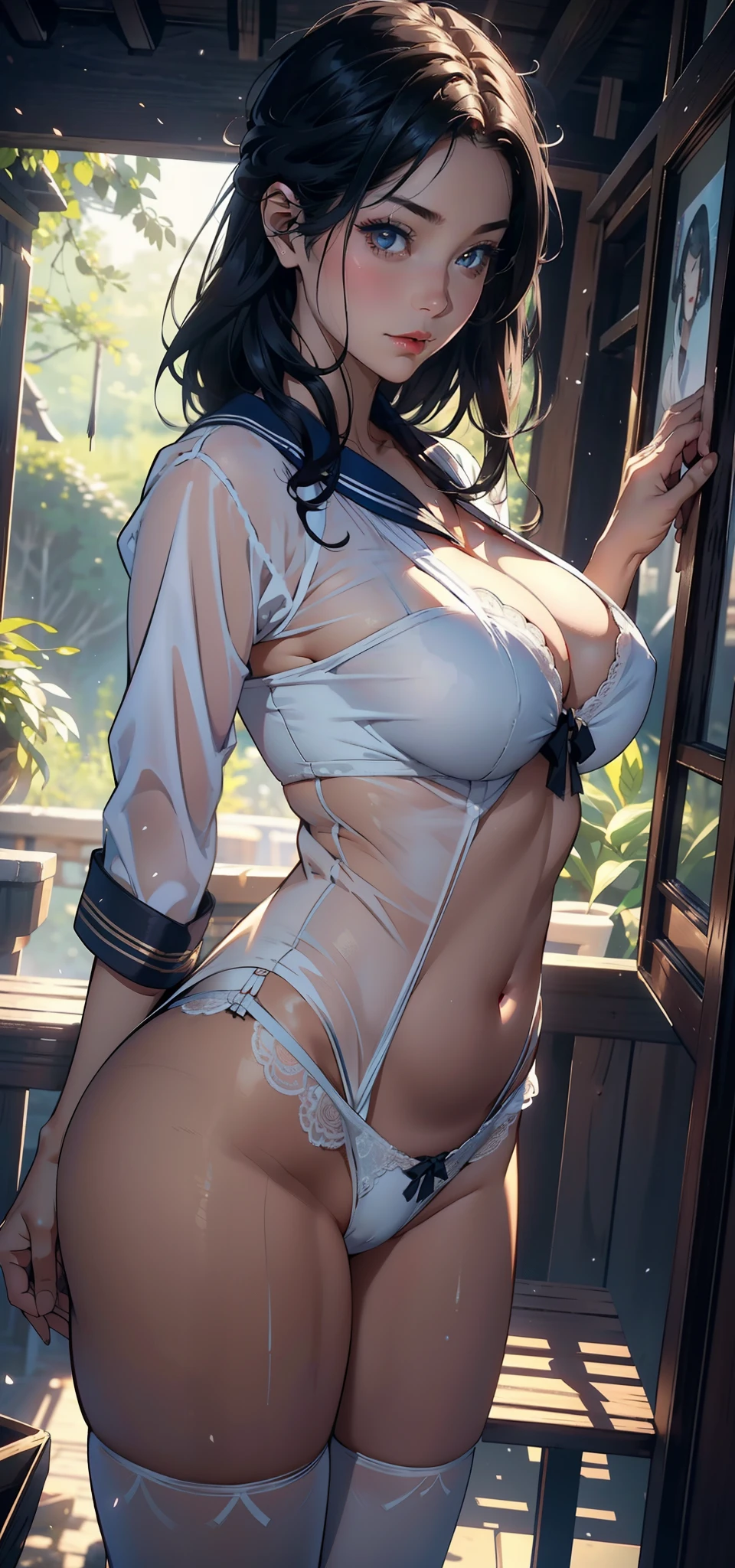 1female,41 years old,熟妇,A MILF ,Married Woman, mature,plumw,extremely large bosom ,Pornographic exposure, 独奏,(Background with:stunning view,ln the forest,fresh flowers)Snow-white skin, She has short black hair,Stand deep in the forest,seen from the front, hair straight,(((tmasterpiece),(Very detailed CG unity 8K wallpaper),best qualtiy,cinmatic lighting,detailed back ground,beatiful detailed eyes,Bright pupils,Redlip(Very fine and beautiful),(Beautiful and detailed eye description),ultra - detailed,tmasterpiece,)),facing at camera,A high resolution,ultra - detailed),revealing breasts,Bare genitalia, Bulge,legs are open,Raised sexy,Camel toes,Flushed complexion,frontage,(Wearing:a sailor suit,校服,lace panty)