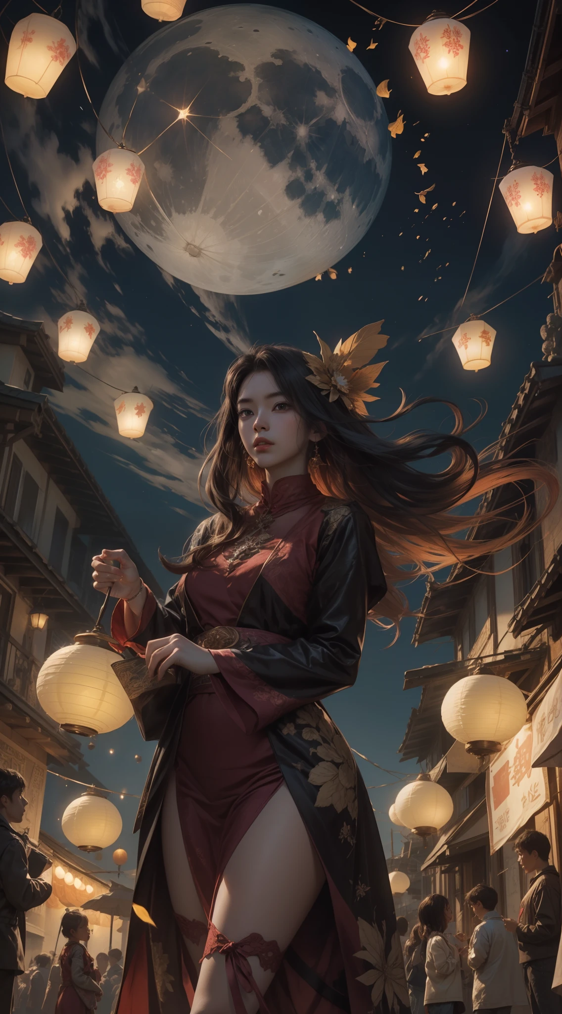 (max resolution: 1.2), (Ultra HDTV: 1.2), 8K resolution, Eye and skin details, face details, , (Sharp focus: 1.2), (Precise focus) sharp face: 1.2), Girl standing in the sky, flying flower lanterns, Mid-Autumn Festival, Ancient costume, (long hair), Black hair, Sky full of stars, flying lanterns in the sky, flying lanterns, holding moon cake