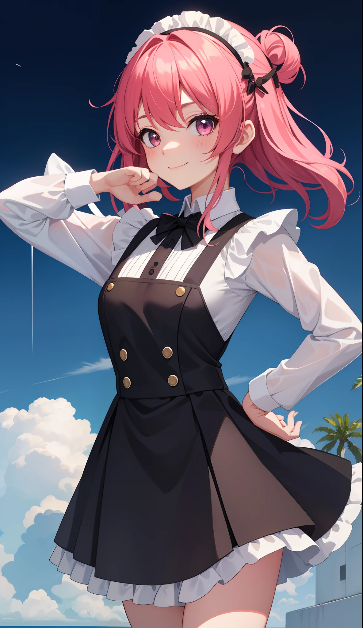 1girl in、AS-Adult、A smile、The shirt、Ultra mini skirt、pantiy、(small tits)、doress、pinafore、Hair decoration、(Maid costume)、Walking with a thigh、Upper body portrait、