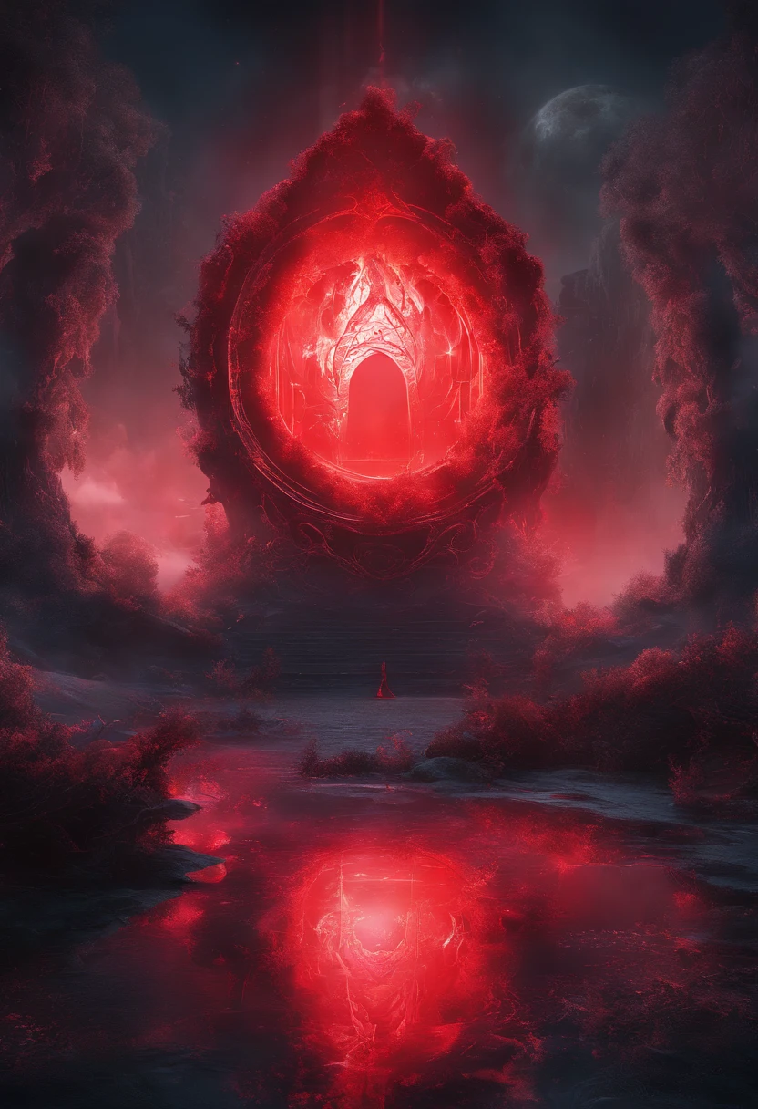 Highly detailed stunning image of a mysterious red liquid portal in a fantasy environment, fog, magic, HDR, volumetric lighting, 3D render, trending on artstation, Super-Resolution, Massive Scale, Perfectionism, Soft Lighting, Ray Tracing Global Illumination, Translucidluminescence, Crystalline, Lumen Reflections, in a dark and creepy style,