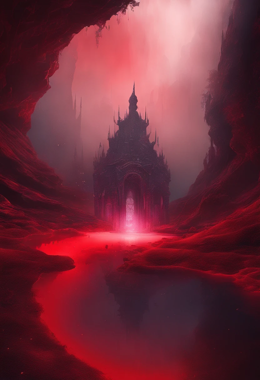 Highly detailed stunning image of a mysterious red liquid portal in a fantasy environment, fog, magic, HDR, volumetric lighting, 3D render, trending on artstation, Super-Resolution, Massive Scale, Perfectionism, Soft Lighting, Ray Tracing Global Illumination, Translucidluminescence, Crystalline, Lumen Reflections, in a dark and creepy style,