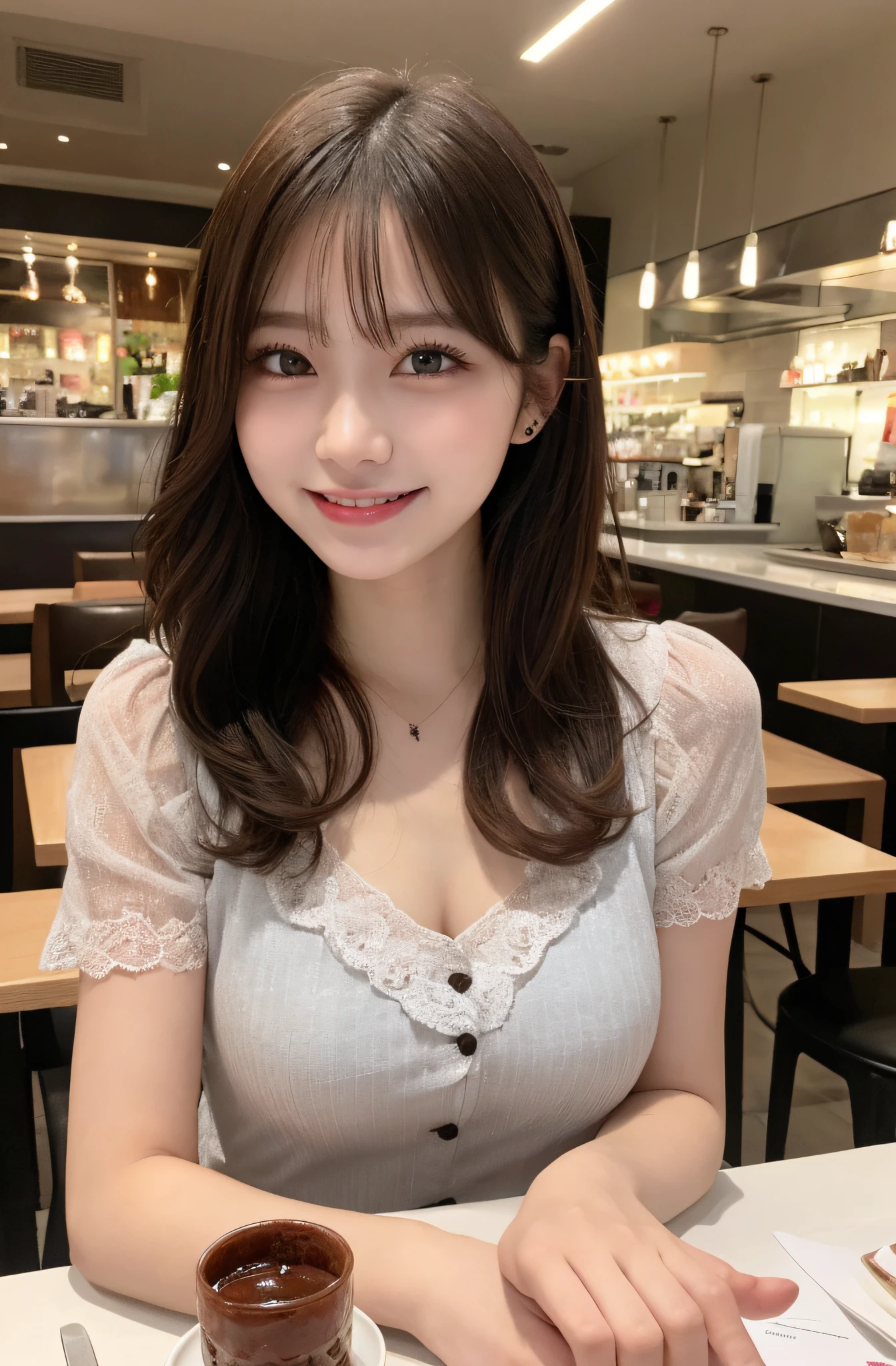 masutepiece, Best Quality, Illustration, Ultra-detailed, finely detail, hight resolution, 8K Wallpaper, Perfect dynamic composition, 1 beautiful girl, Beautiful detailed eyes, Girly blouse, Medium Hair, Normal breasts, Natural Color Lip, Random Poses, Smile, Open mouth:0.8, fashionable cafe, 20 years girl, sit, Chocolate parfait on the table,