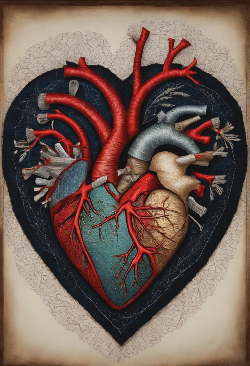 Drawing of a broken and patched heart with stitching