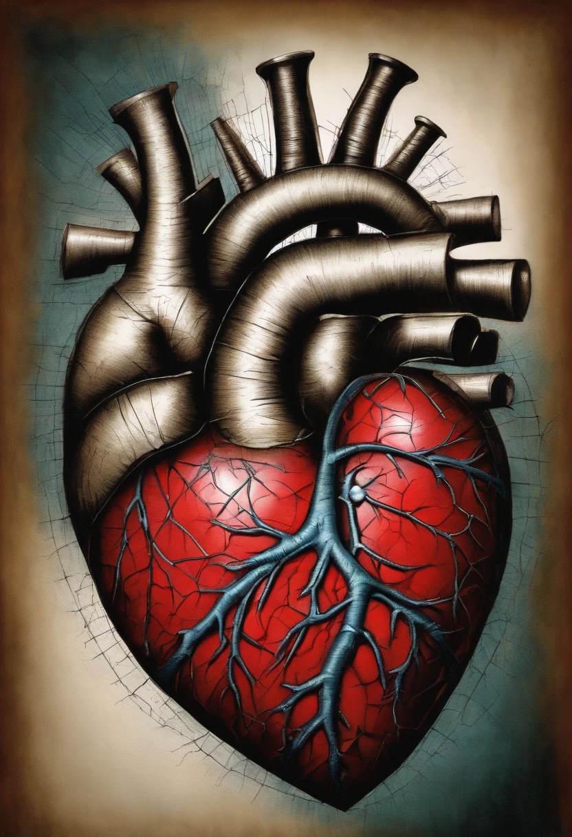 Drawing of a broken and patched heart with stitching