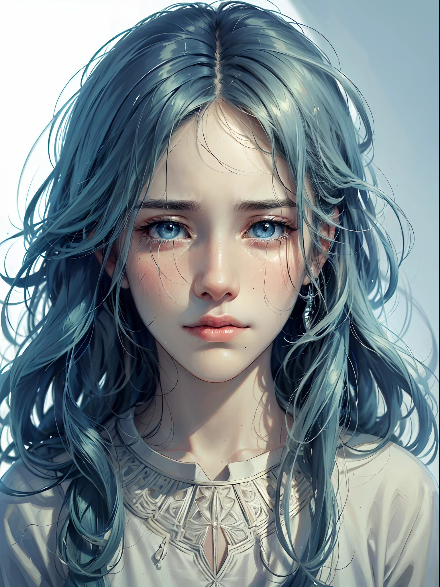 (best quality,4k,8k,highres,masterpiece:1.2),ultra-detailed,(realistic,photorealistic,photo-realistic:1.37),crying woman,blue hair,flowing tears on cheeks,detailed facial expression,mourning,emotional portrait,sadness,watery eyes,captivating gaze,gentle melancholy,subtle sadness,intricate emotional textures,glistening tears on her face,tears roll down effortlessly,soft lighting,subdued color palette,emotive artwork.