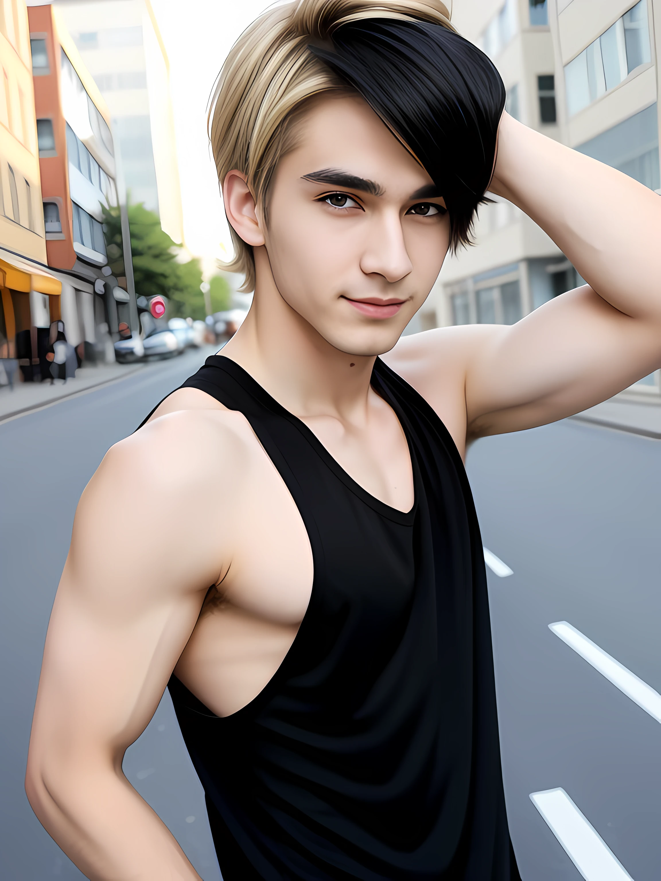 blonde haired man in black tank top in sunny city , xqc, cute anime pose, male anime style, male anime character, a binary epic model, young anime, attractive humanoid, attractive face and body, handsome anime man, portrait Portrait anime image of a handsome guy, she is wearing a black blouse, with lblack hair