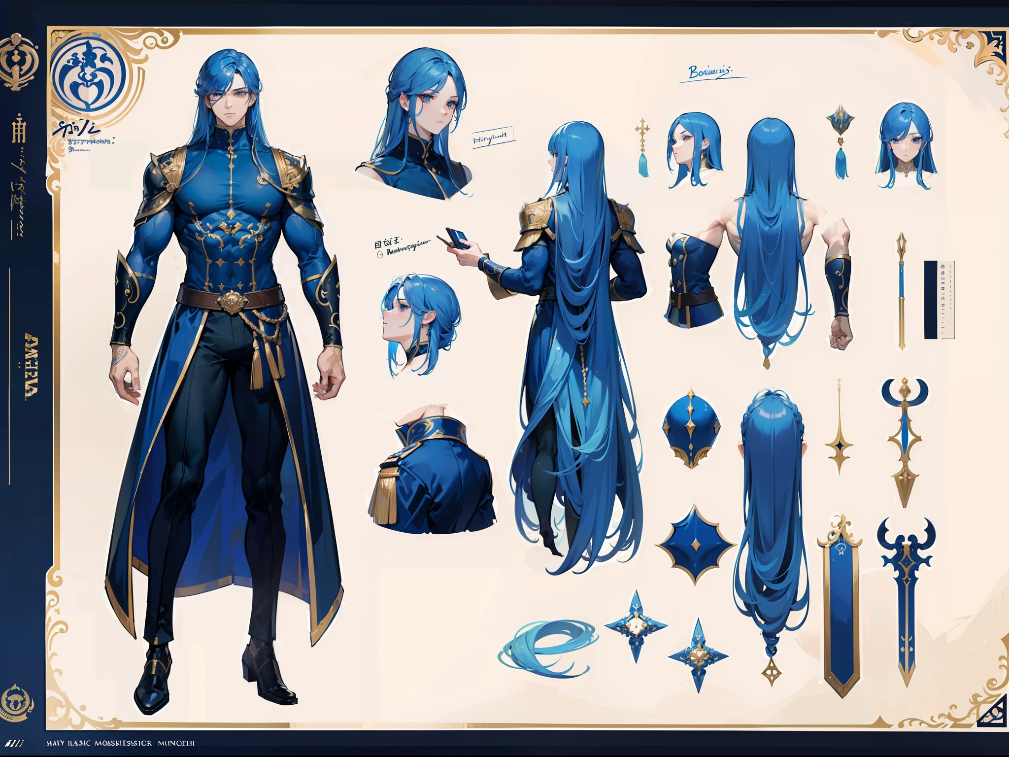 ((Masterpiece, Highest quality)), Detailed face, character design sheet， full bodyesbian, Full of details, frontal body view, back body view, Highly detailed, Depth, Many parts, Muscle boy with long blue hair with long bangs，handsome man, muscle body, navy, commander, man tall