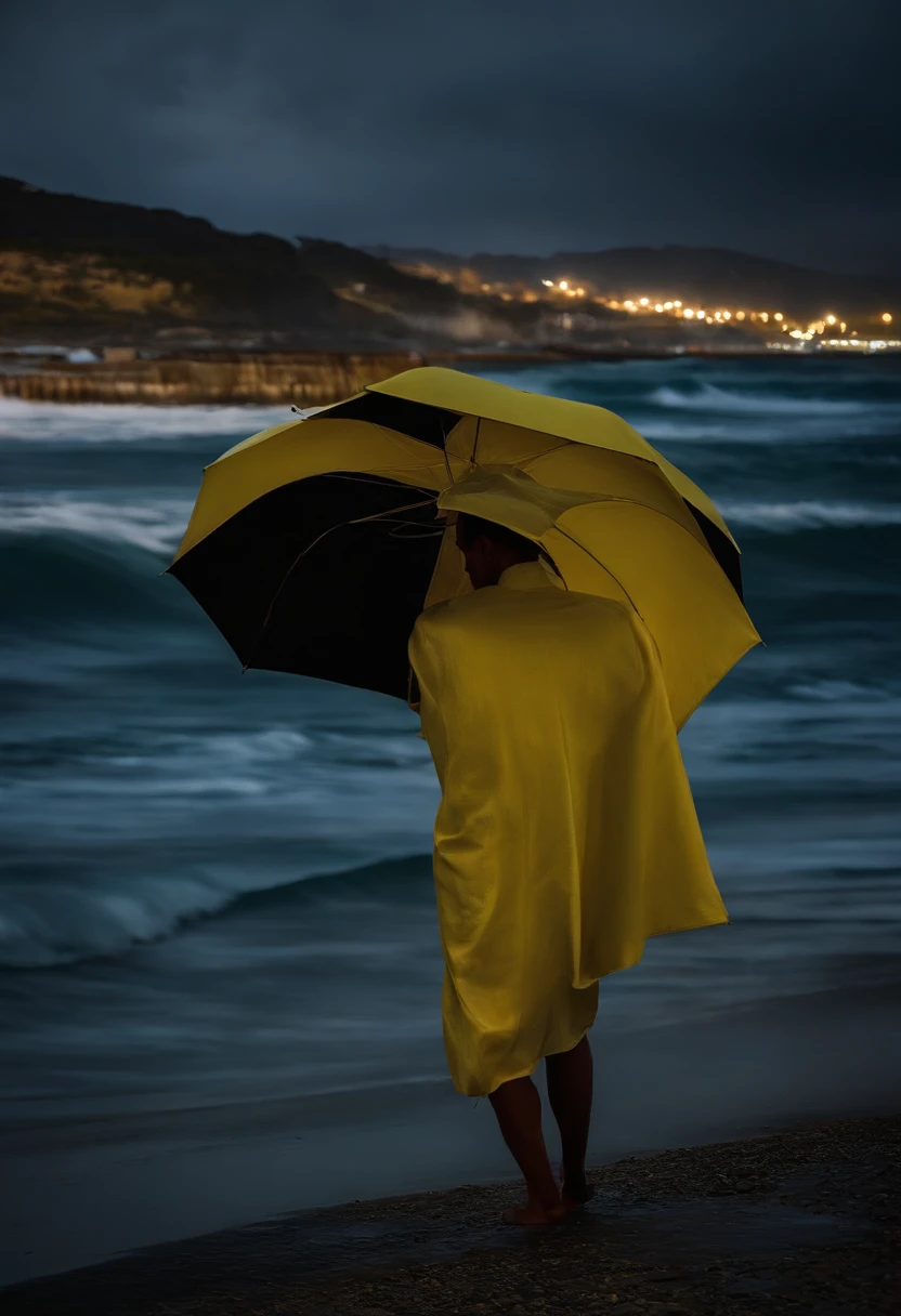 a spirit, um vulto azulado de um homem com uma roupa simples(the man only with blue colors, monocromatic, with no other color than blue), looking sad and peaceful, with a bluish golden, um azul vibrante (neon) e um pouco turva com se estivesse sumindo, This spirit is on the edge of a pier on the edge of the sea, The sea is rough, com uma tempestade ao fundo, sem sol. The whole picture is darker, por conta da chuva e tempestade, and it's almost night., But, The spirit is the brightest in the image.