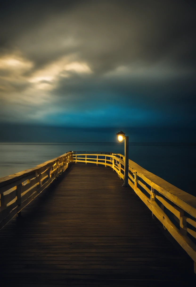 a spirit, um vulto azulado de um homem com uma roupa simples(the man only with blue colors, monocromatic, with no other color than blue), looking sad and peaceful, with a bluish golden, um azul vibrante (neon) e um pouco turva com se estivesse sumindo, This spirit is on the edge of a pier on the edge of the sea, The sea is rough, com uma tempestade ao fundo, sem sol. The whole picture is darker, por conta da chuva e tempestade, and it's almost night., But, The spirit is the brightest in the image.