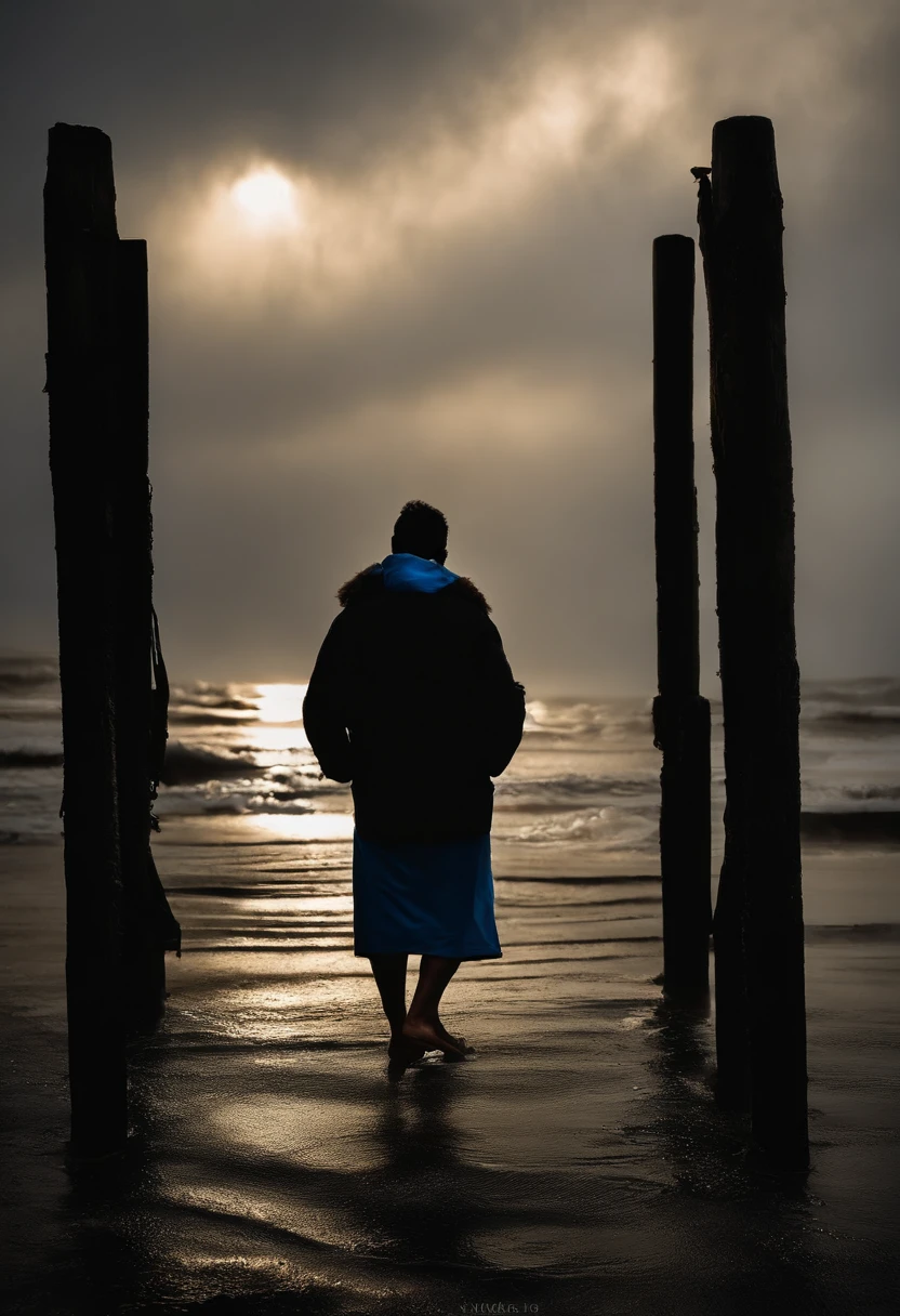 a spirit, um vulto azulado de um homem com uma roupa simples(the man only with blue colors, monocromatic, with no other color than blue), looking sad and peaceful, with a bluish golden, um azul vibrante (neon) e um pouco turva com se estivesse sumindo, This spirit is on the edge of a pier on the edge of the sea, The sea is rough, com uma tempestade ao fundo, sem sol. The whole picture is darker, por conta da chuva e tempestade, and it's almost night., But, The spirit is the brightest in the image.