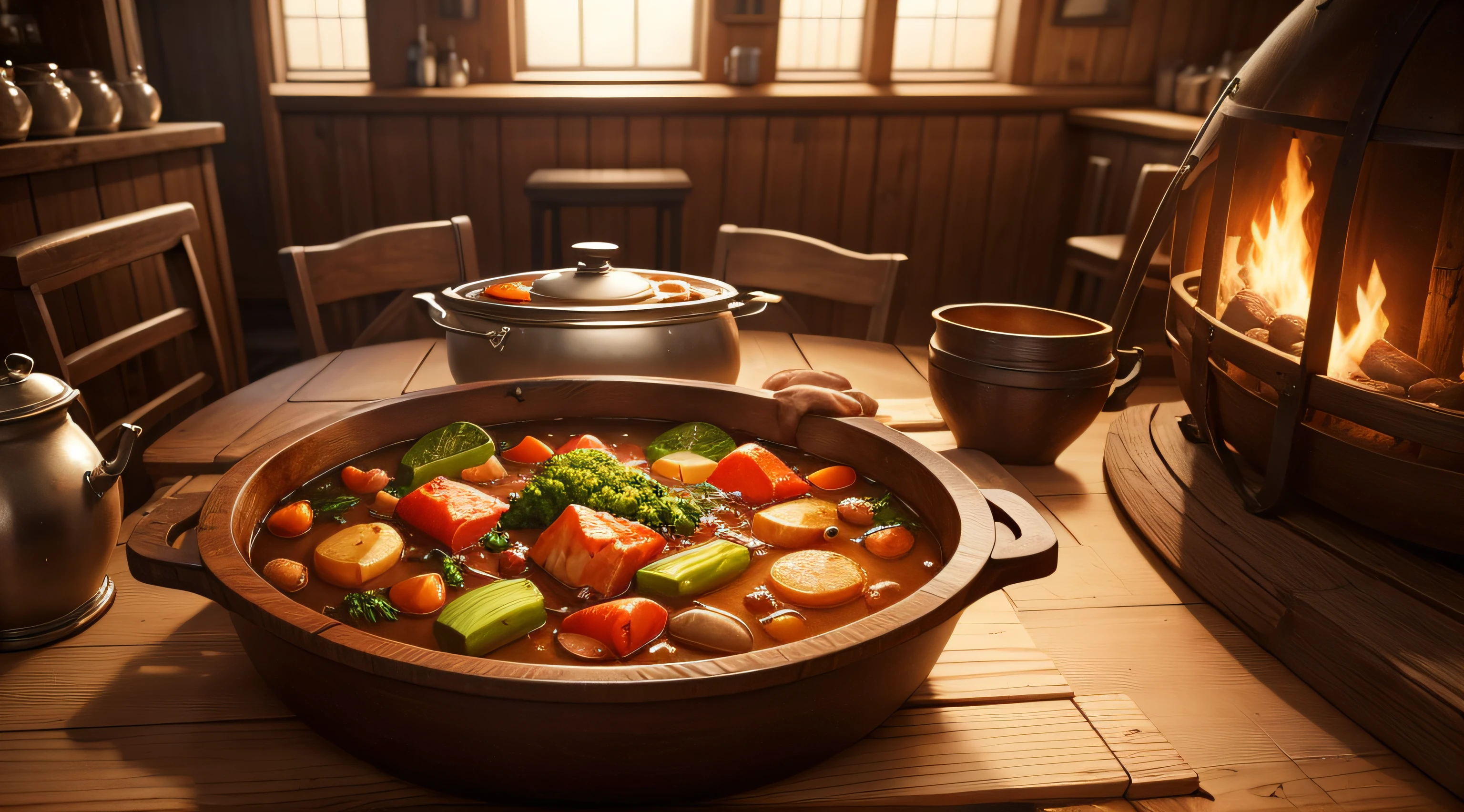 a tavern table with a large pot of stew