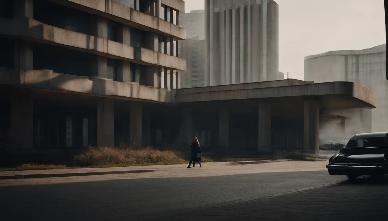 a dystopia with lots of Brutalist architecture