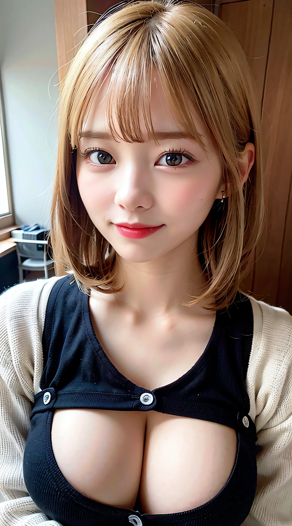 (8K, Raw photo:1.2)Detailed face and eyes,Best Quality, 超A high resolution, Highly detailed ,intricate detailes ,masutepiece ,Cute Girl , Soft cinematic light, Hyper-detailing,Sharp Focus, High quality, Blonde hair, bob cuts, tits out,cardigan