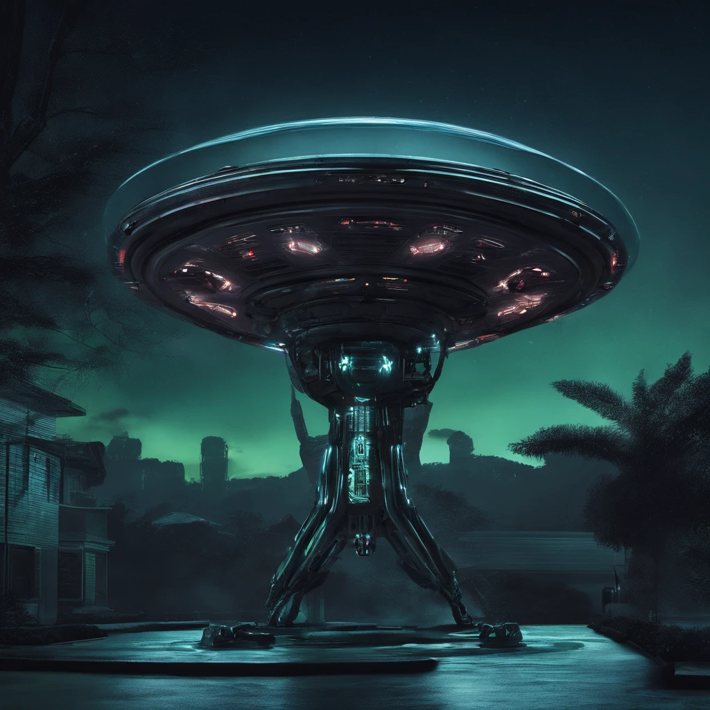 A detailed photo of a UFO in the sky, Luz abaixo do UFO, detalhes intrincados, alien in the light, Depth of field large head, ((in the suburbs)), ufo in the sky, noite, pegue a chave, Tiptoe walking, sorrateiro, verde e preto, Futuristic Design, master part, best quality