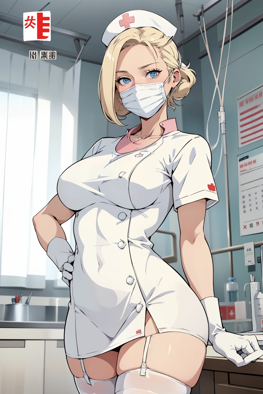 1womanl, Nurse, Nurse Cap, Whiteware, ((White legwear, zettai ryouiki)), White Gloves, Blonde hair, Blue eyes, ((White surgical mask, Cover the nose)), Standing, sharp outline, Short sleeves, a matural female, 35 year old, Best Quality, masutepiece, infirmary
