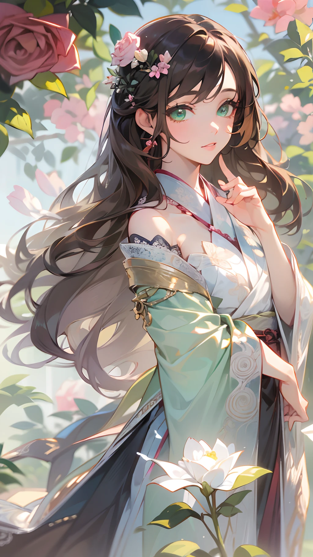 (A beautiful woman: 1.5), lace, ribbon, Hanfu, (masterpiece, side light, delicate and beautiful green eyes: 1.2), masterpiece, realistic, glowing eyes, shiny hair, dark hair, long hair, shiny skin, solo, awkward, strapless, delicate, beautiful, garden, roses, flowers, fluttering petals,