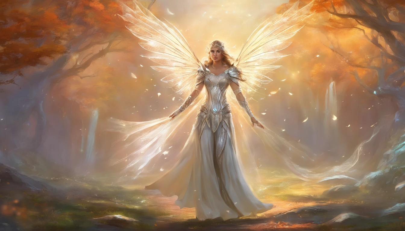 A female fairy wearing a blindfold with silver crystal wings wearing gleaming white armor wielded a luminous spear that emanates a lot of light and a strong shield that the hardest rock represents for the best possible quality, e ela mostrando uma aura positiva e negativa