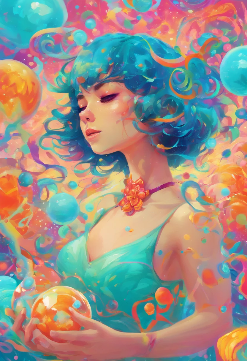 ((top-quality, 8K)), (Realistic), (Face Focus: 1.1), (cyan colors:1.3), girl with, short-hair, Hair fluttering in the wind, (Sleeveless: 1.1)、Skirt, C cup breasts, Countless soap bubbles,