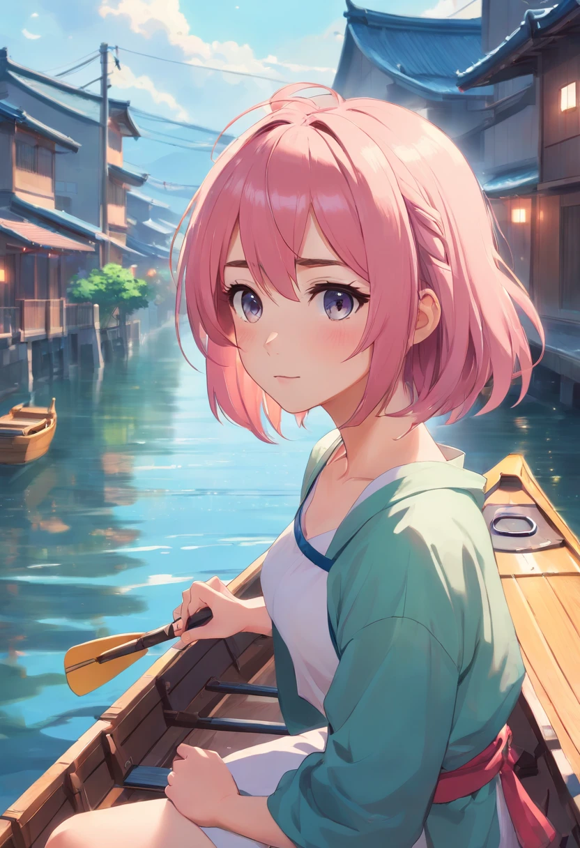 high quality, 8K Ultra HD, best detail, A digital illustration of anime style, digital ® anime paintings of her, soft anime tones, Feels like Japanese anime, ARIA, Detailed illustration of Akari Mizunashi rowing a gondola, Pink hair, long hair on the sides, using hair clips, Venetian scenery, luminism, Albert Anker, Feeling like Kyoto Animation, Greg Rutkowski, Artgerm, WLOP, Alphonse Beeple, pixiv, luminism, 3d render, octane render, Isometric, awesome full color,