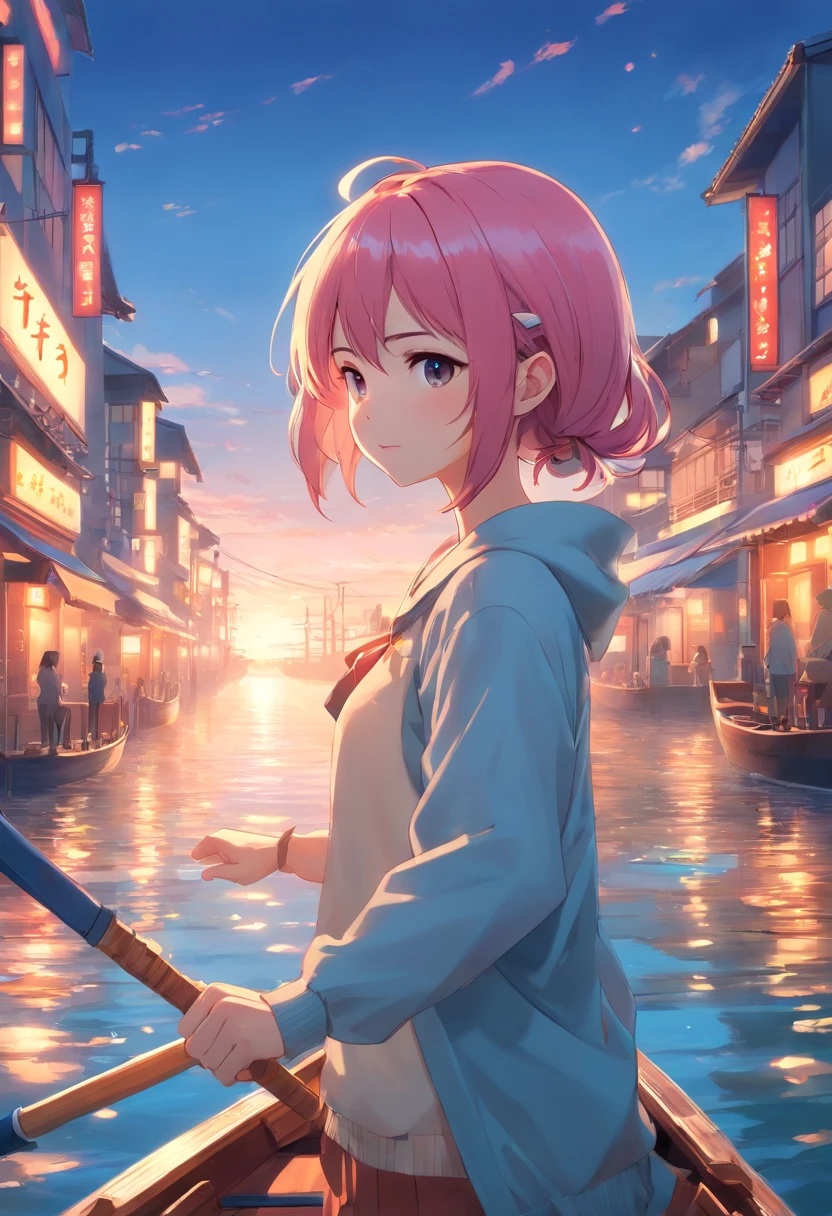 high quality, 8K Ultra HD, best detail, A digital illustration of anime style, digital ® anime paintings of her, soft anime tones, Feels like Japanese anime, ARIA, Detailed illustration of Akari Mizunashi rowing a gondola, Pink hair, long hair on the sides, using hair clips, Venetian scenery, luminism, Albert Anker, Feeling like Kyoto Animation, Greg Rutkowski, Artgerm, WLOP, Alphonse Beeple, pixiv, luminism, 3d render, octane render, Isometric, awesome full color,