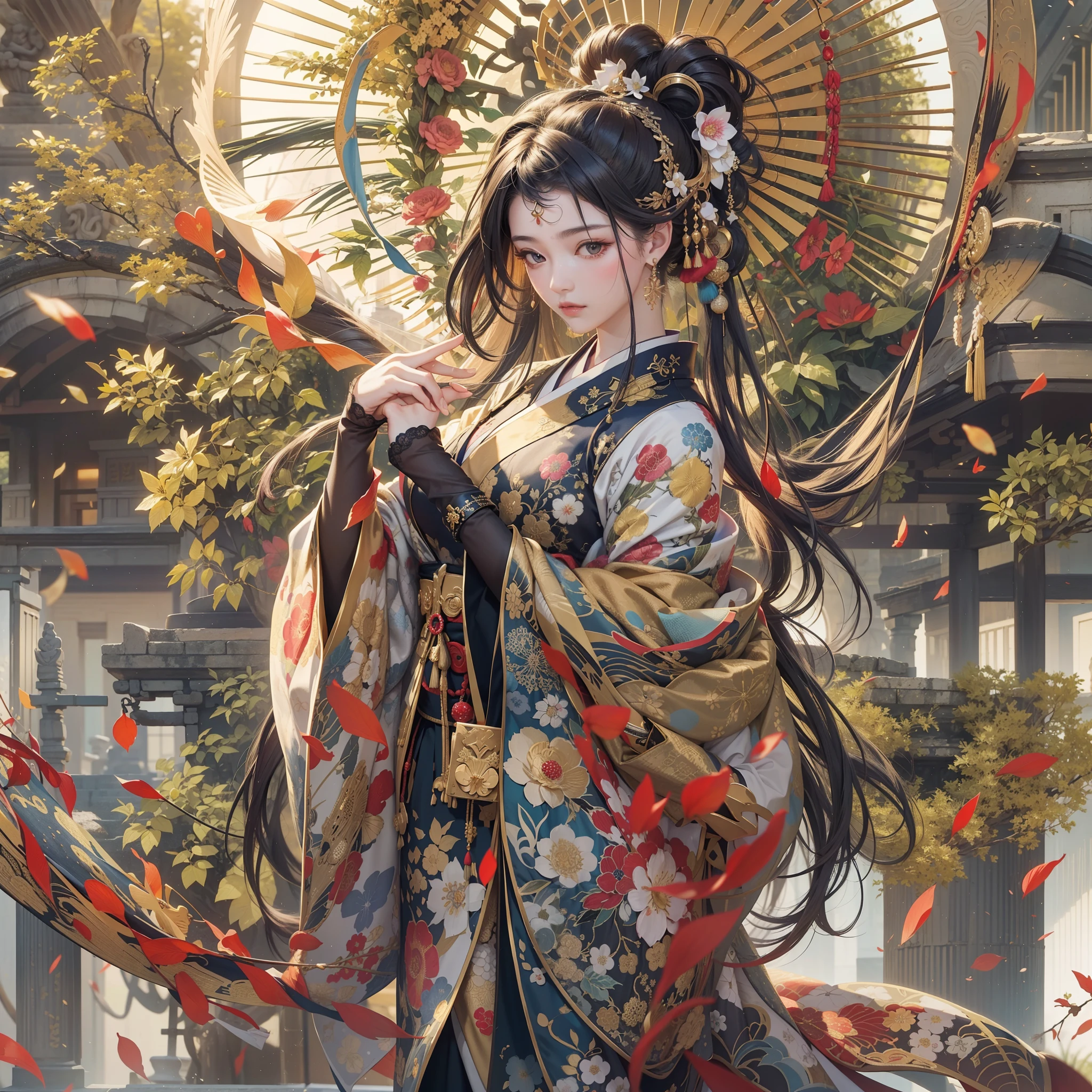 a moon、Detailed background((ancient city:1.2),细致背景)、Elegant backgrounds,Zen entanglement, mandalas, Tangled, Tangled,glossy dark hair,poneyTail,Lots of bouquets in hand, BREAK,elaborate costume{Luxury kimono(Colorful kimono(Detailed golden embroidery,))}、Japanese Idol(actress),Depict a beautiful and graceful woman of Japan。Heart in the eye。 Wallpapers 16K, .Blur the background with a sickle,((masutepiece)), ((Best Quality)),{{a portrait photo of}},full body Esbian