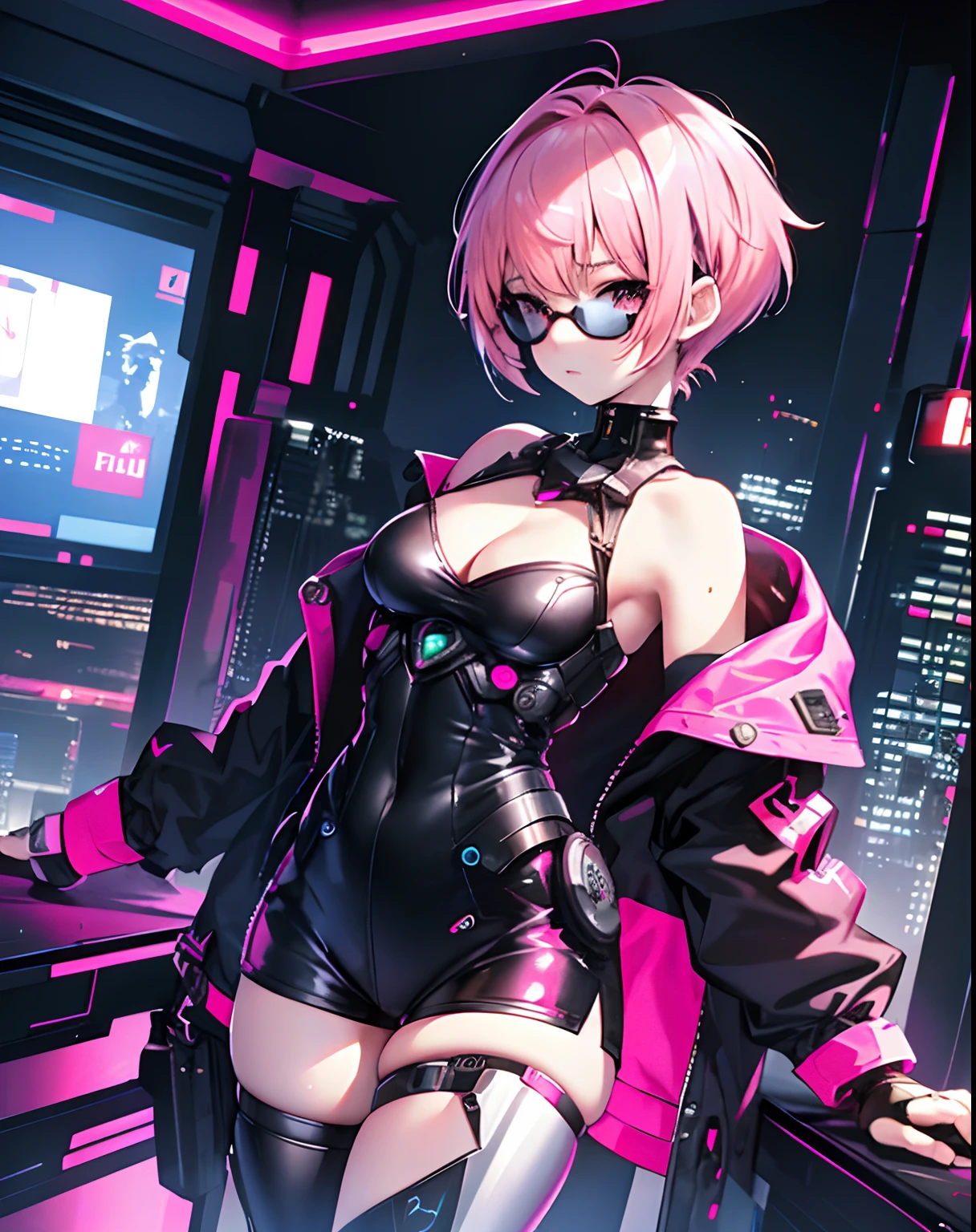 Top quality, masterpiece, ultra-detailed, accurate depiction, highly detailed 8k wallpaper, beautiful mechanical girl, solo, (pixie cut hair:1.3), (pink hair, short shaved sides, very short back, very short side, under cut, side cut:1.3), BREAK, (sleeveless exoskeleton suit), (mechanical legs), (perfect 5fingers, 4fingers and 1thumb), (Jacket), half undress, BREAK, techpunkmask, (dynamic angle), (flat_chest, cleavage, wide hips), Cyberpunk City,